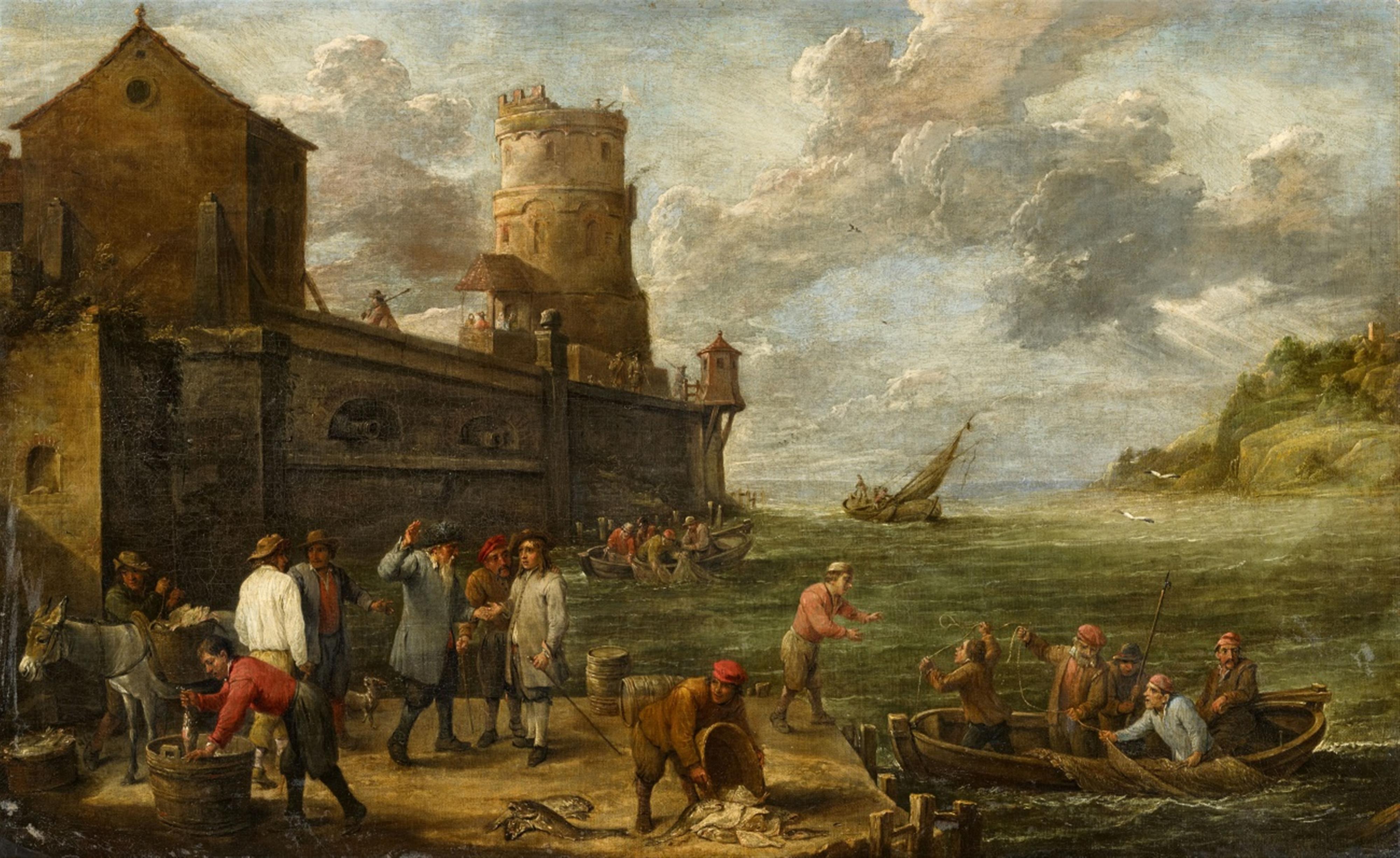 David Teniers the Younger - Southern Harbour with Returning Fishermen and Fishmonger - image-1