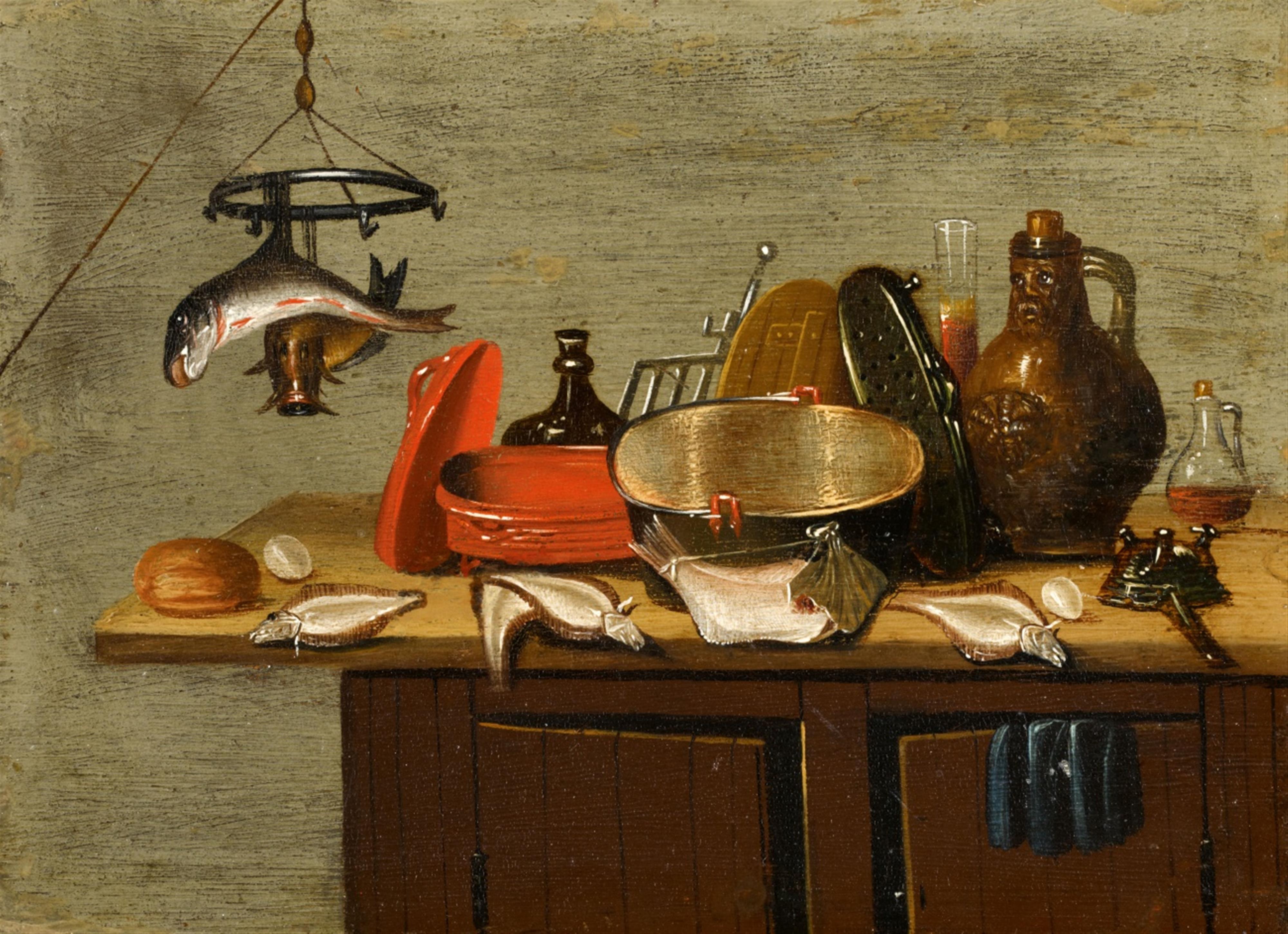 Gerrit van Vucht, attributed to - Kitchen Still Life with Fish, Pots, and a Bellarmine - image-1