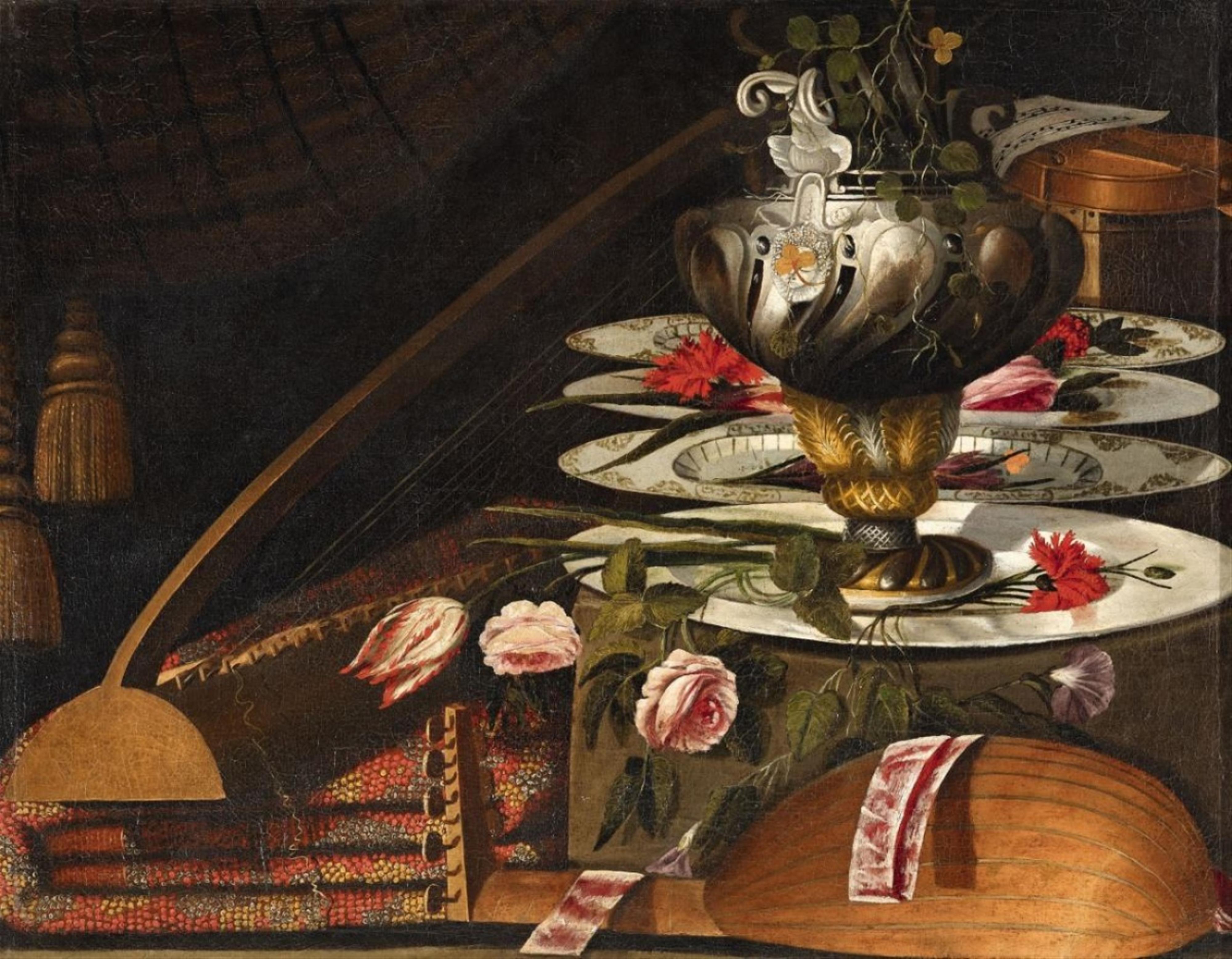 Italian School
Lombardian School, 17th century - Still Life with Musical Instruments, a Vase, Carpet, and Flowers - image-1