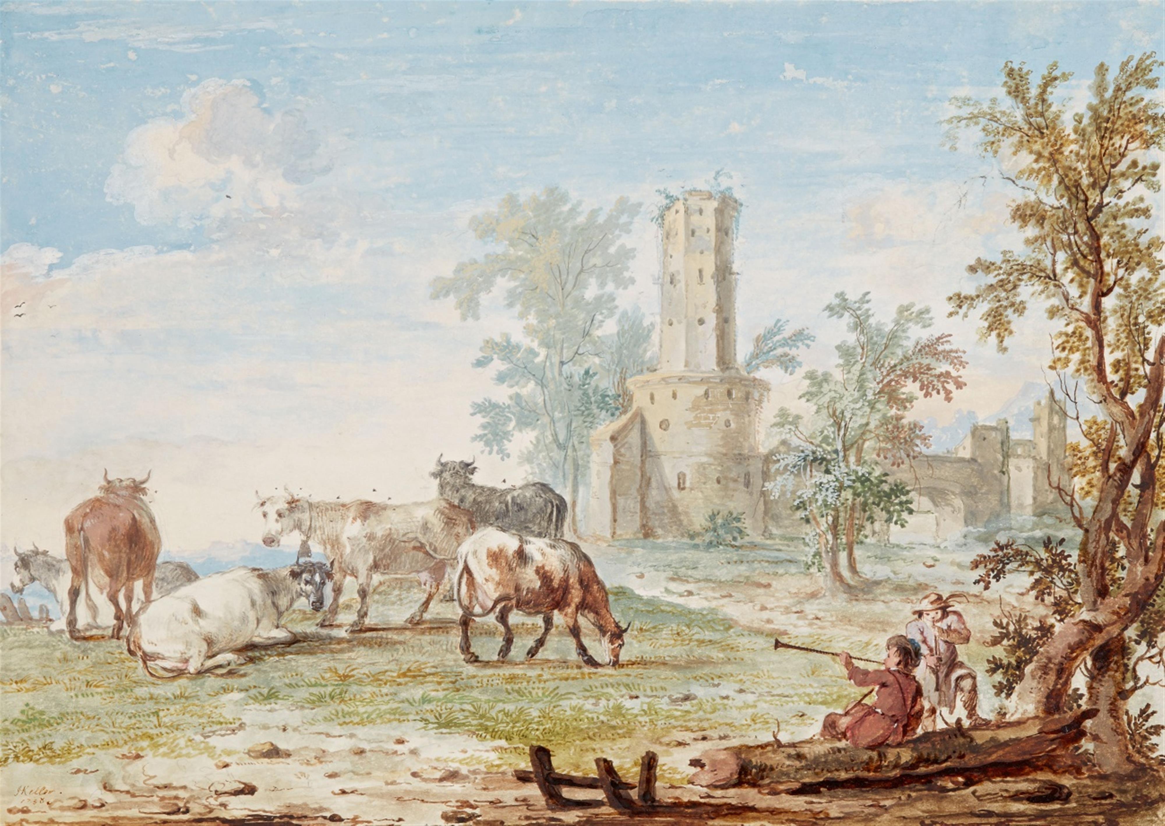 Johann Heinrich Keller - Südliche Landschaft mit Turmruine und Rindern - image-1