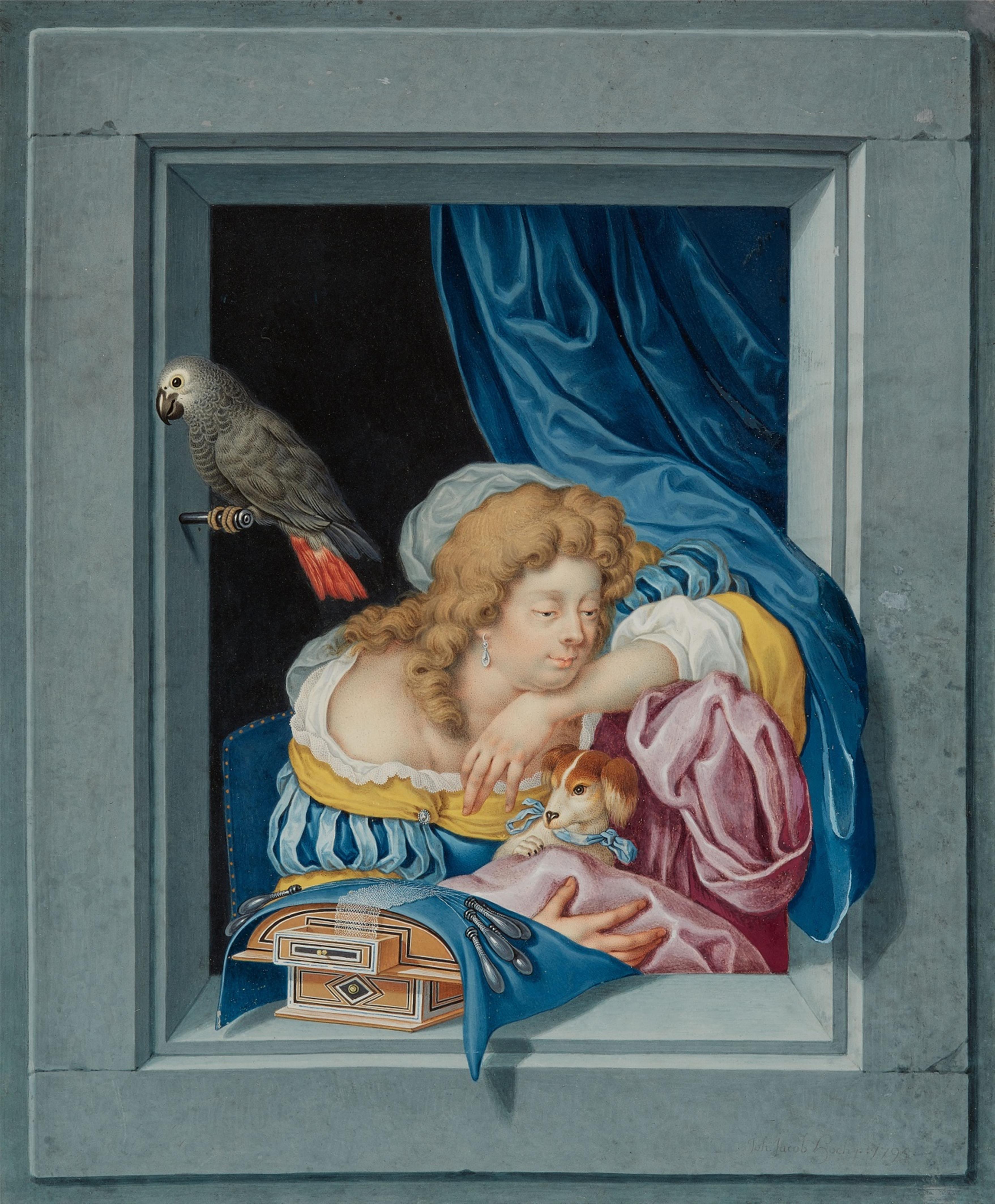 Johann Jakob Hoch - Dame mit Hund und Papagei in einer Fensteröffnung Dame mit Nähkasten und Papagei in einer Fensteröffnung - image-2