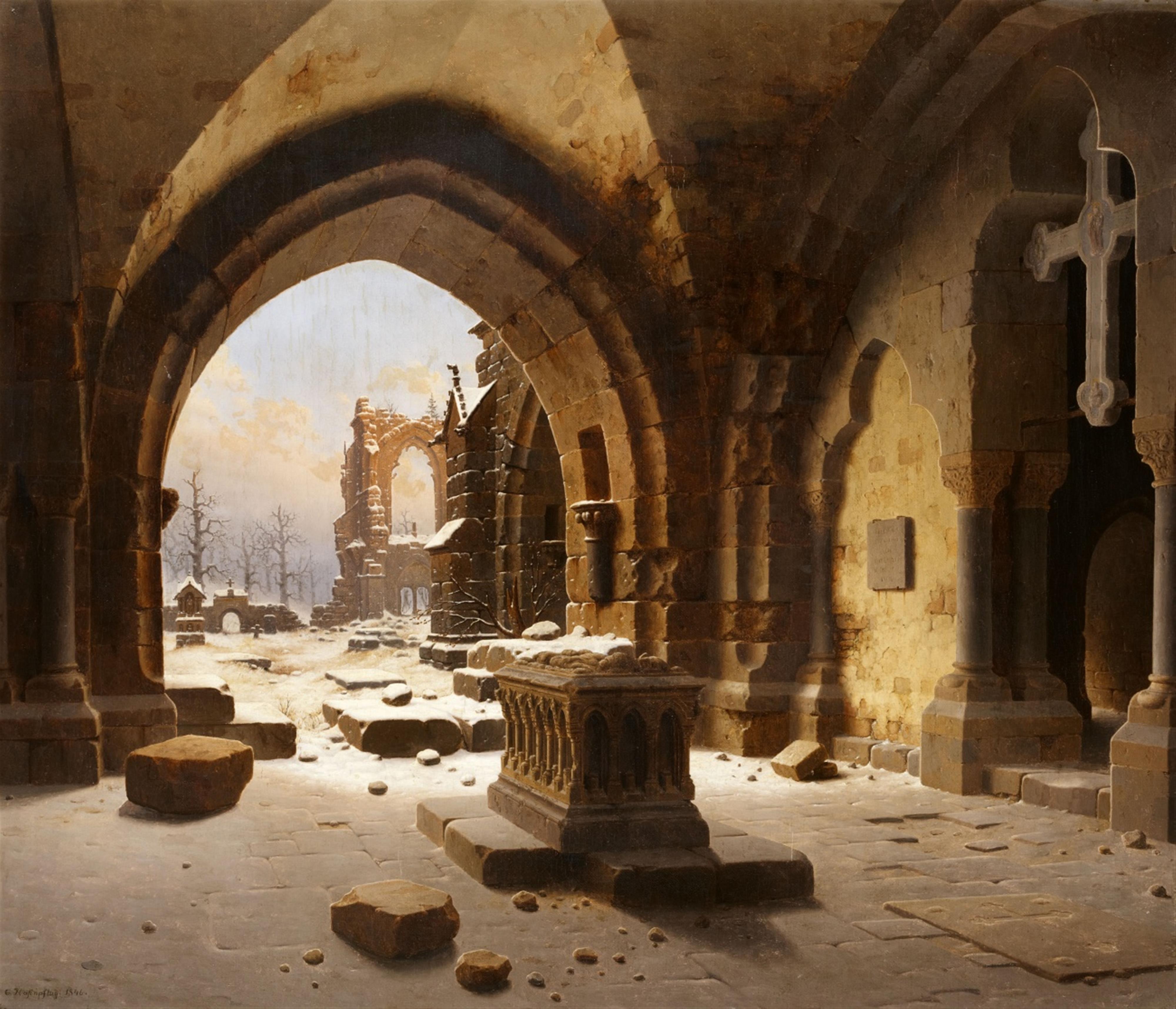 Carl Georg Adolph Hasenpflug - Ruins of an Abbey in Winter with a View of Walkenried - image-1
