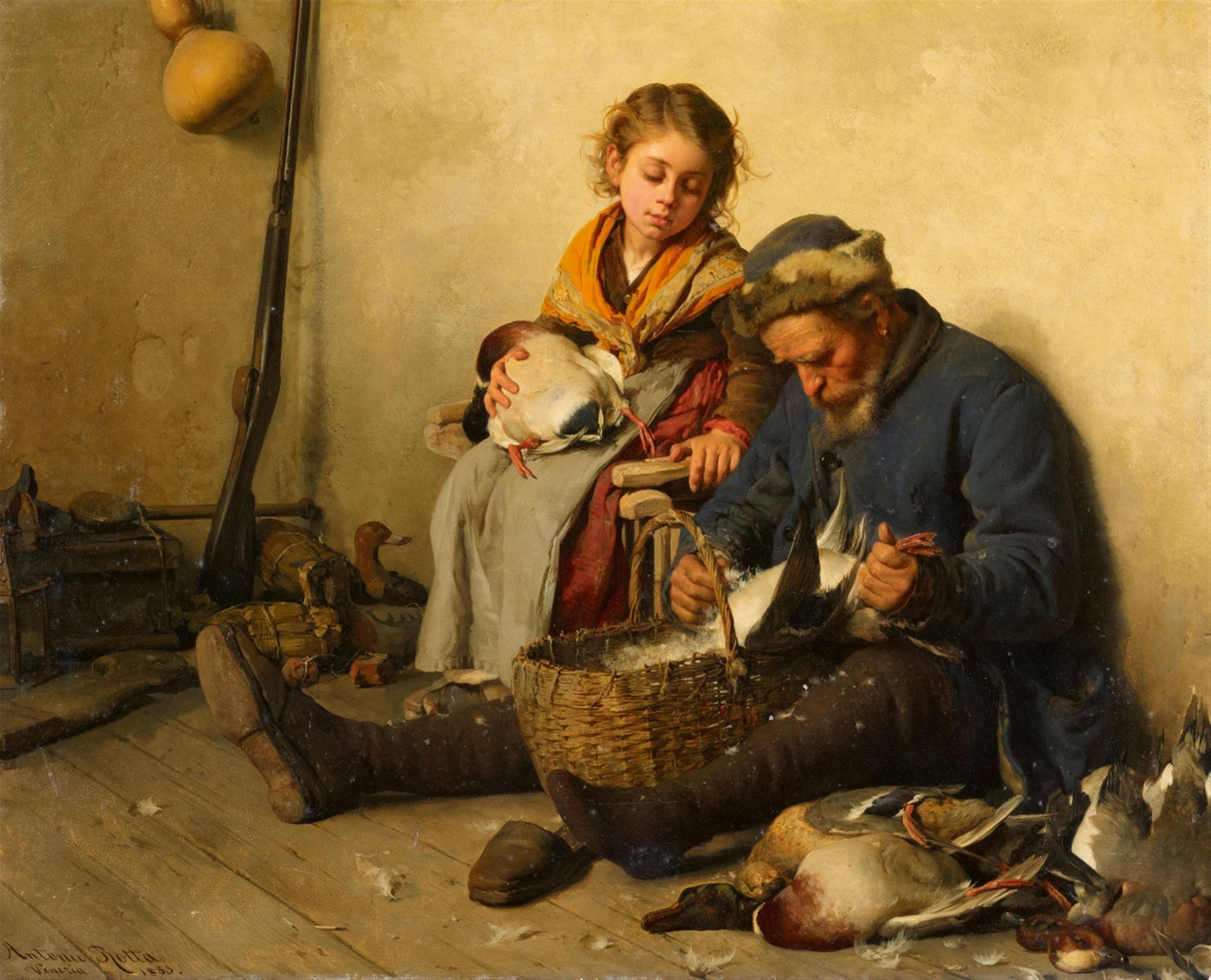 Antonio Rotta - Interior Scene with a Grandfather and Granddaughter plucking Ducks - image-1