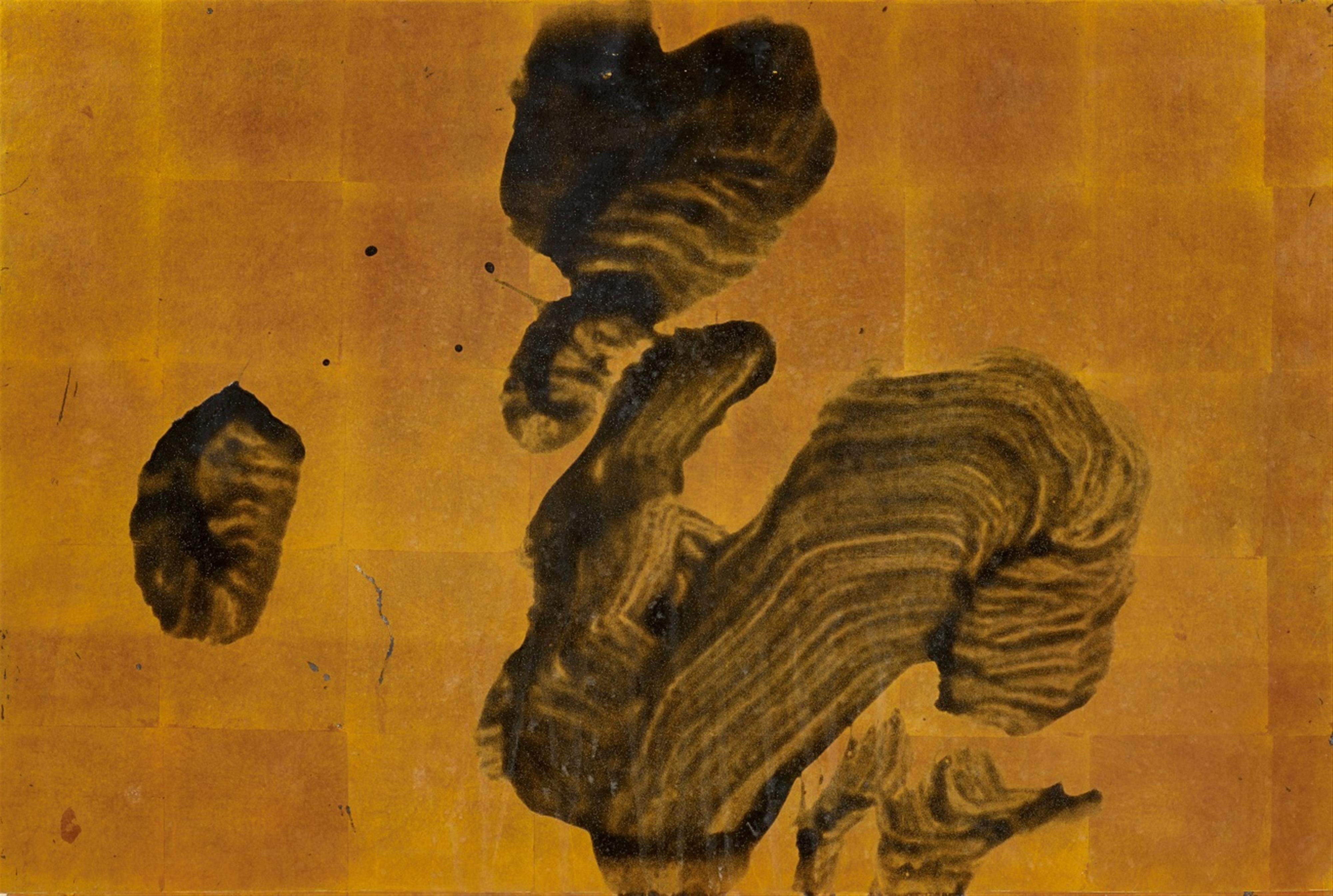 Das Schriftzeichen "kan" (Betrachten). Tusche auf mit über Blattgold überzogenem Papier. Original aufgezogen. Auf der Rückseite Papieraufkleber von Morita Shiryû mit handschrift... - image-1