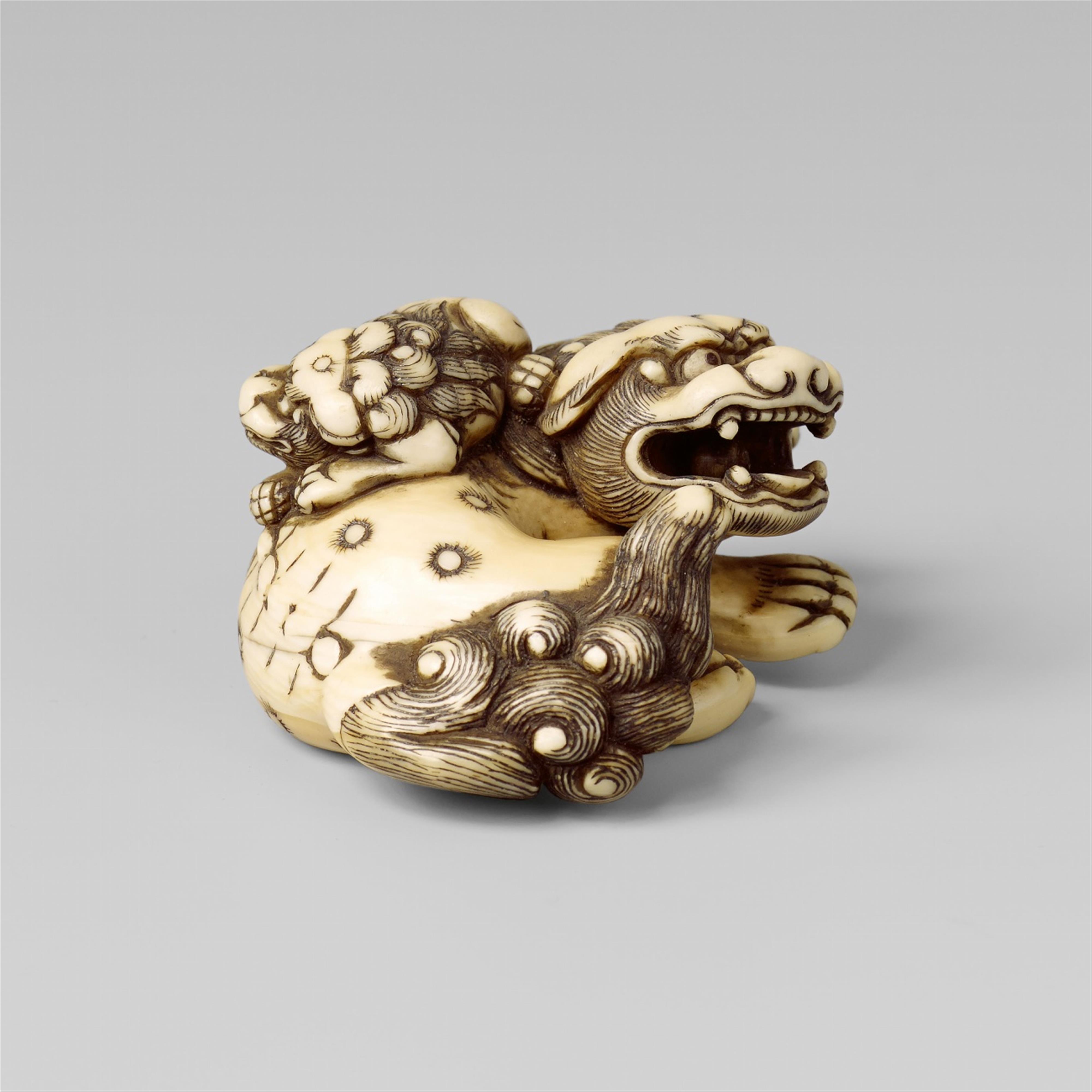A fine Kyoto school ivory netsuke of a shishi and young. Late 18th century - image-2