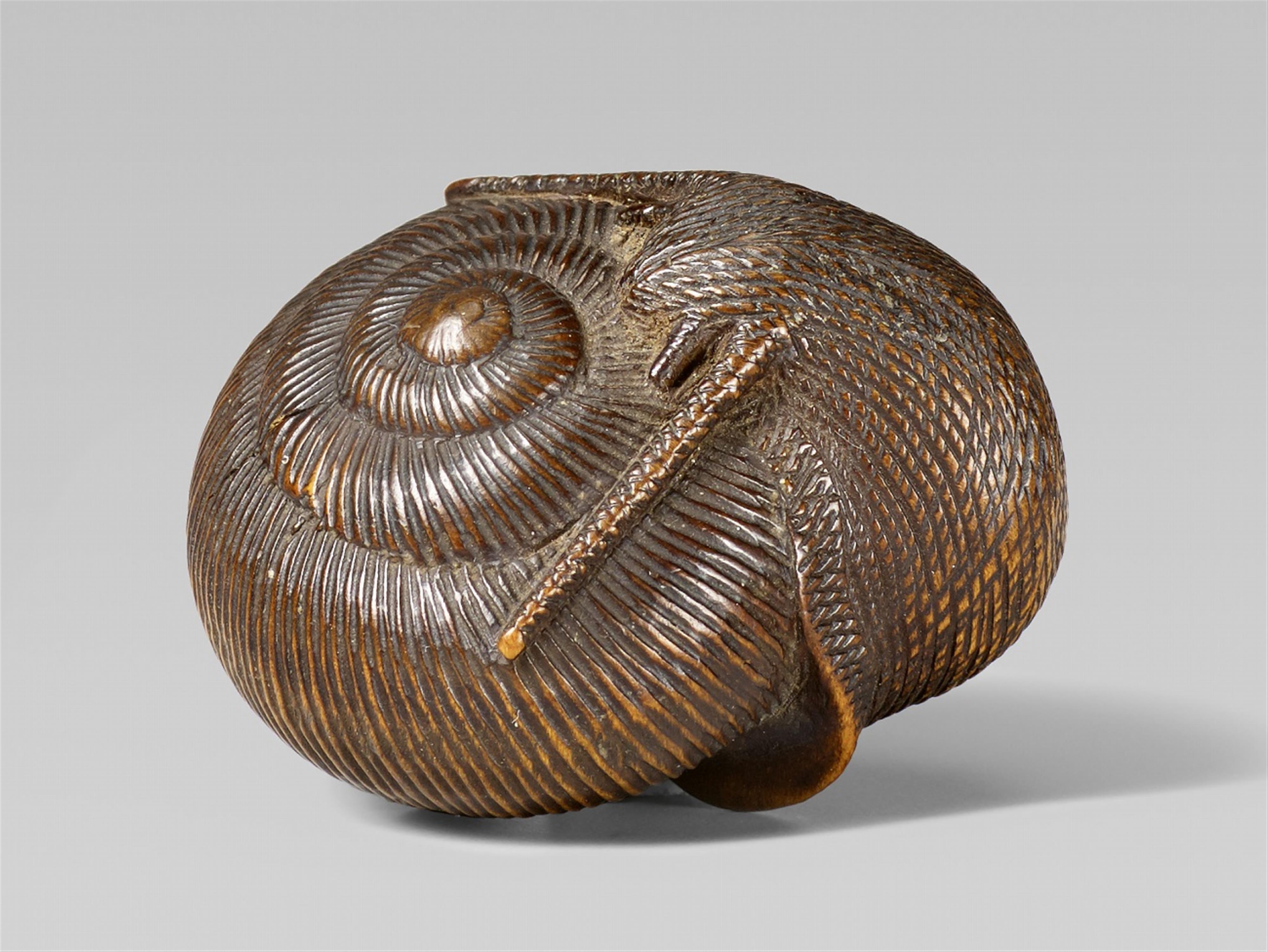 A fine Nagoya school wood netsuke of a snail, by Tadatoshi. 19th century - image-1