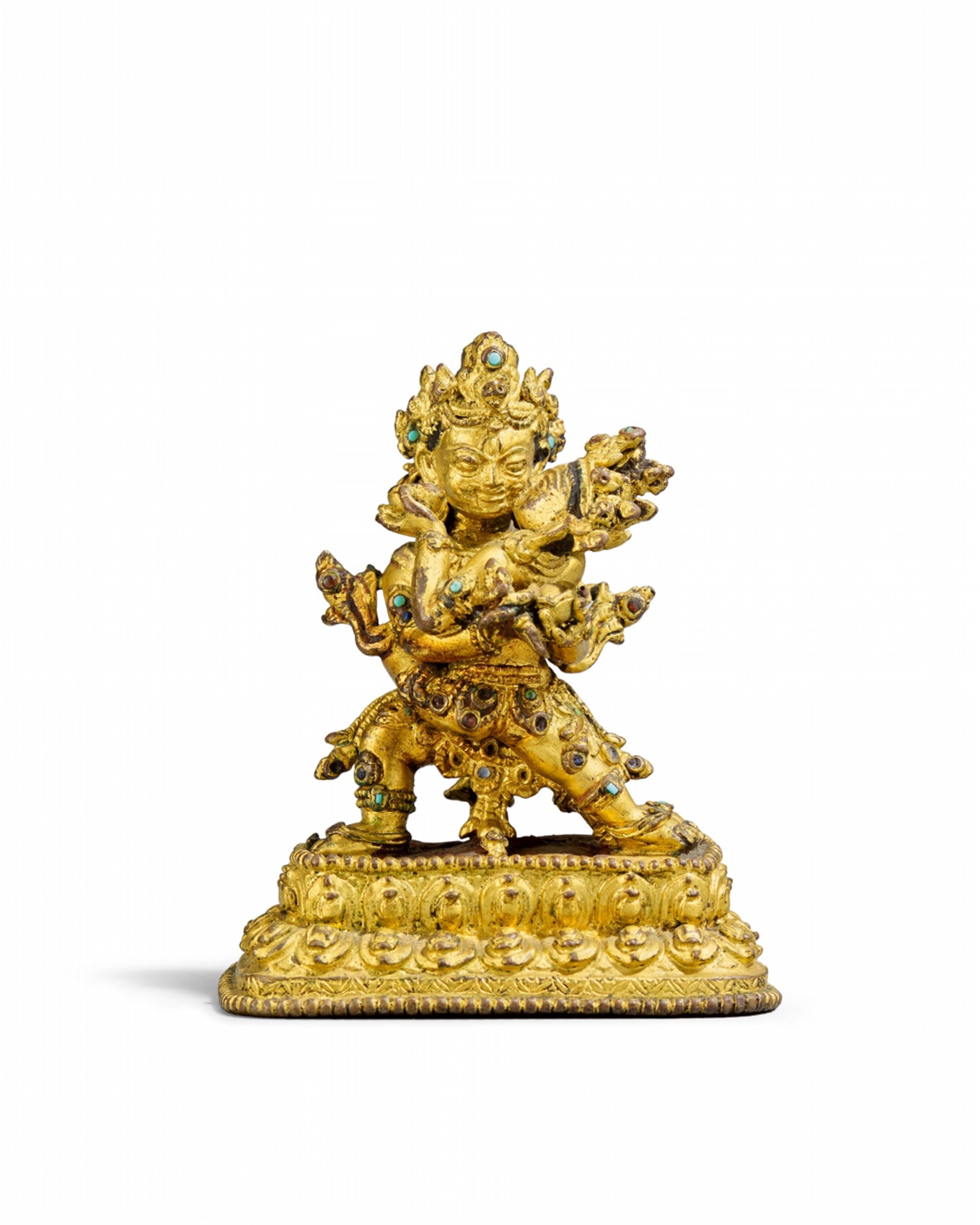 A rare Tibetan richly gilt bronze figure of Mahakala yab-yum. Malla period, 14th/15th century - image-1