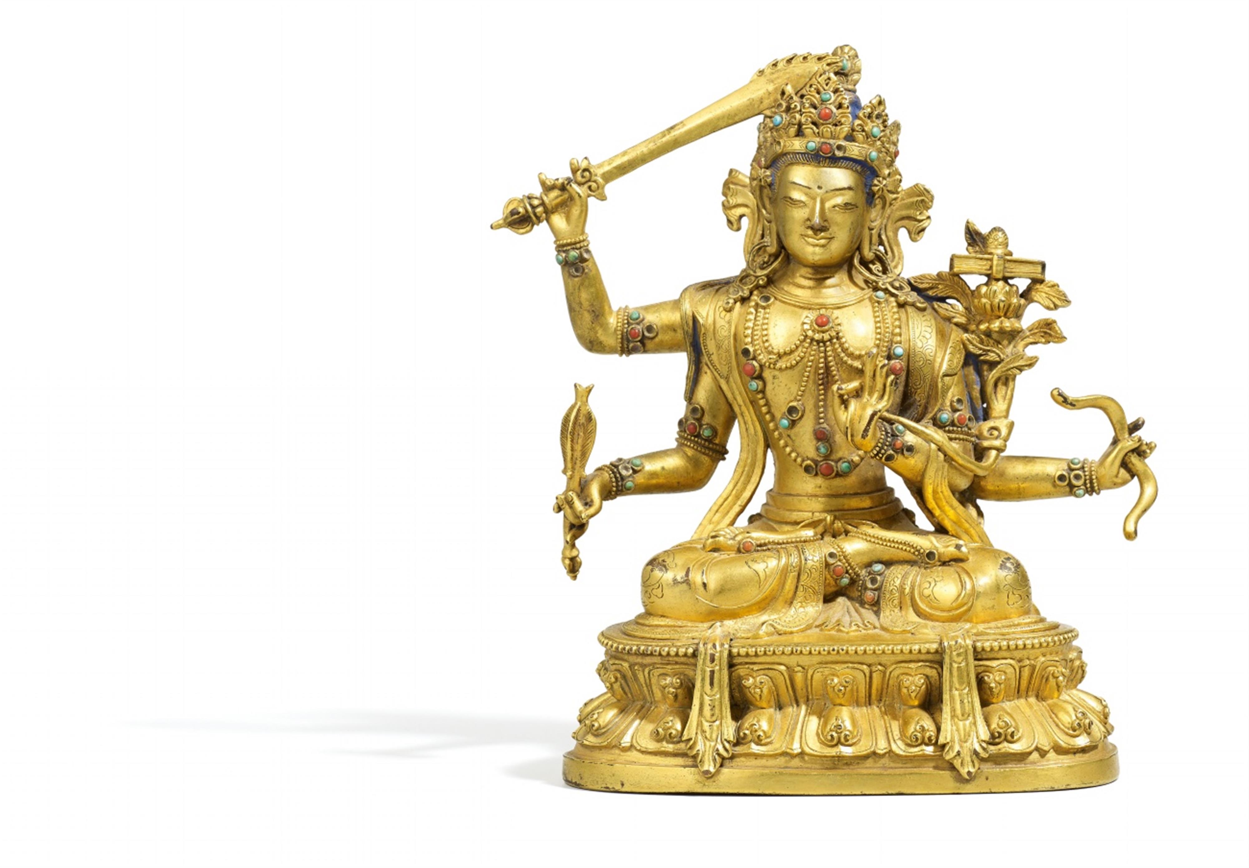 A Sinotibetan gilt bronze figure of the four-armed Manjushri. 18th century - image-1
