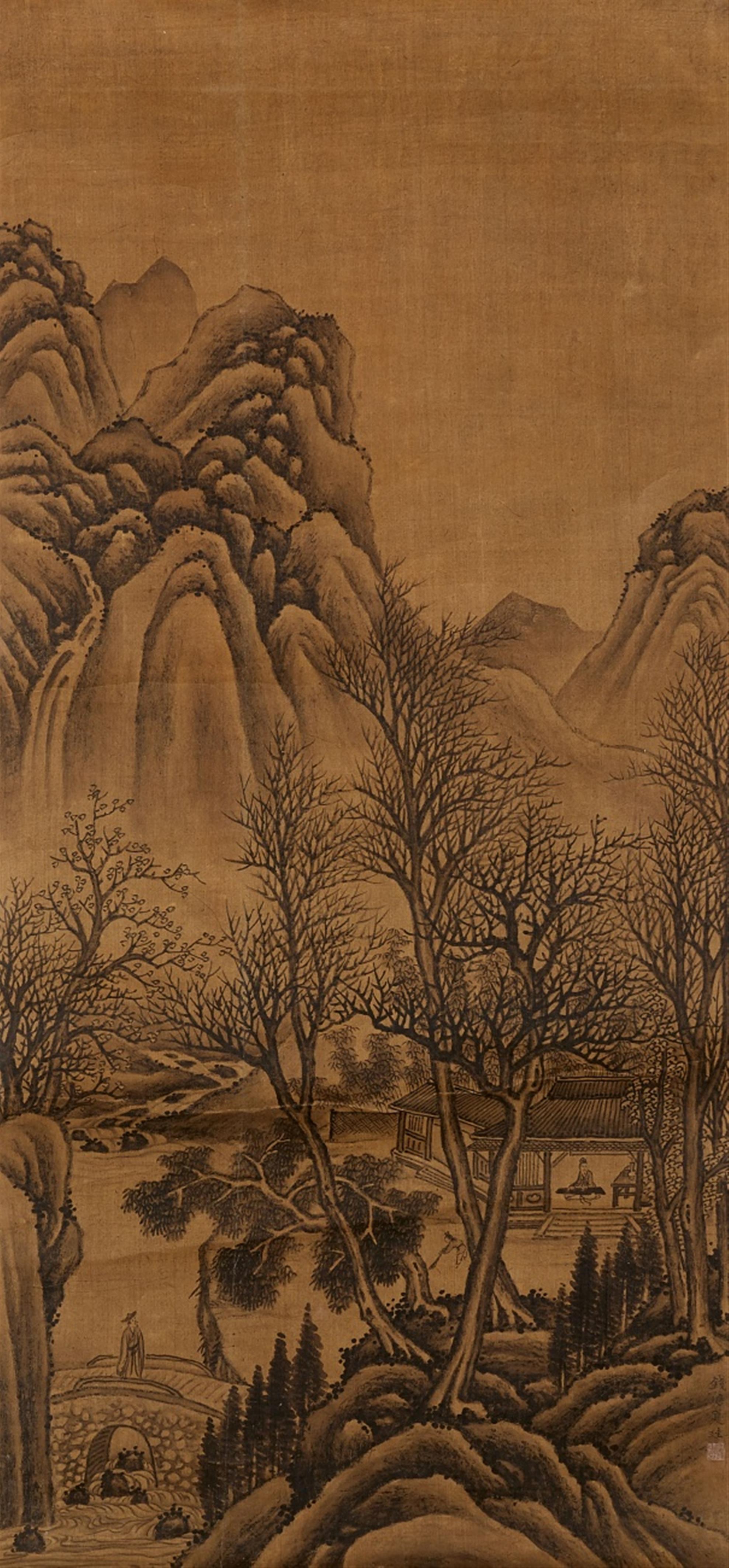 Xia Gui, in the manner of - Landscape. Hanging scroll. Ink on silk. Inscribed Xia Gui and sealed. - image-1