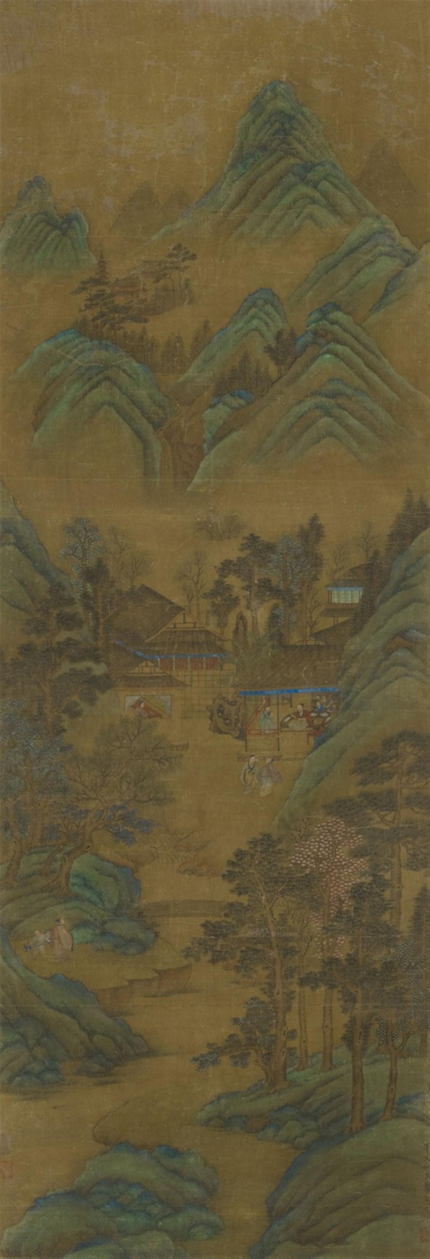 Qiu Ying - Scholars in a green mountain landscape. Hanging scroll. Ink and colour on silk. Inscribed Shifu Qiu Ying and sealed Shizhou and Qiu Ying zhi yin, and one collector's seal Xiang ... - image-1