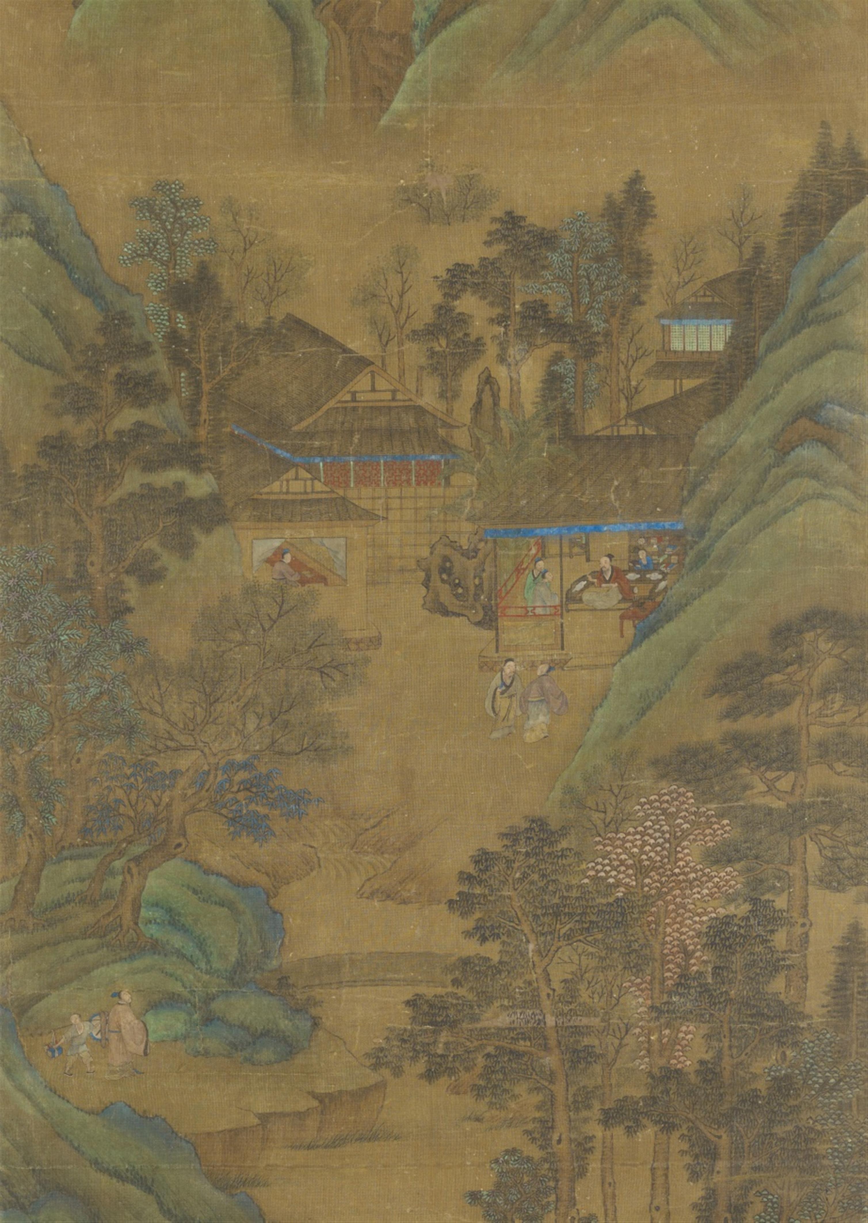 Qiu Ying - Scholars in a green mountain landscape. Hanging scroll. Ink and colour on silk. Inscribed Shifu Qiu Ying and sealed Shizhou and Qiu Ying zhi yin, and one collector's seal Xiang ... - image-2
