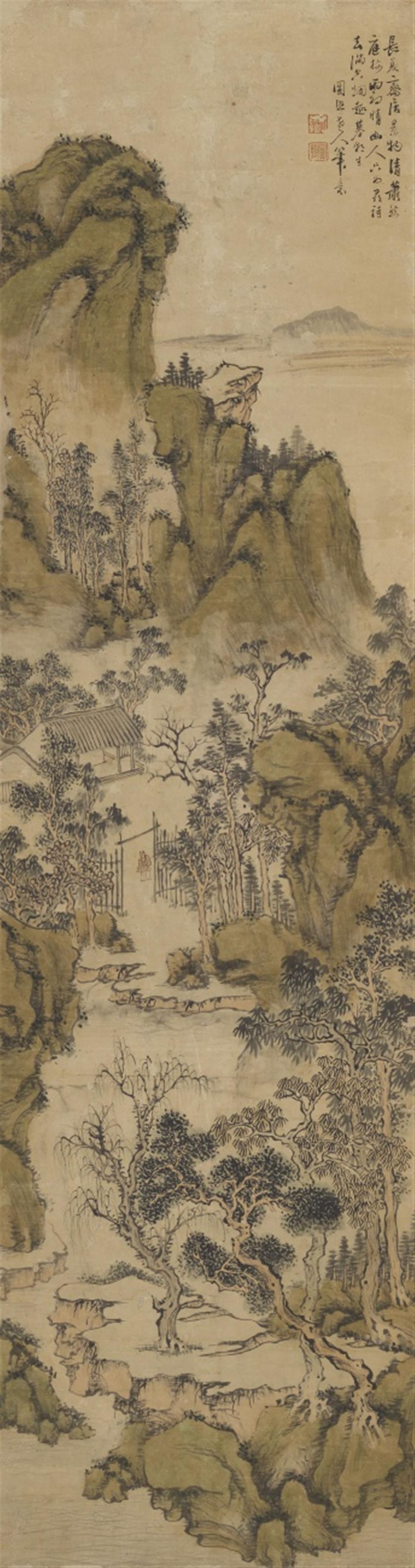 After Wang Jian . Qing dynasty - Landscape. Hanging scroll. Ink and colour on paper. Inscribed Yuan Zhao laoren and sealed Wang Jian and Yuan Zhao. - image-1
