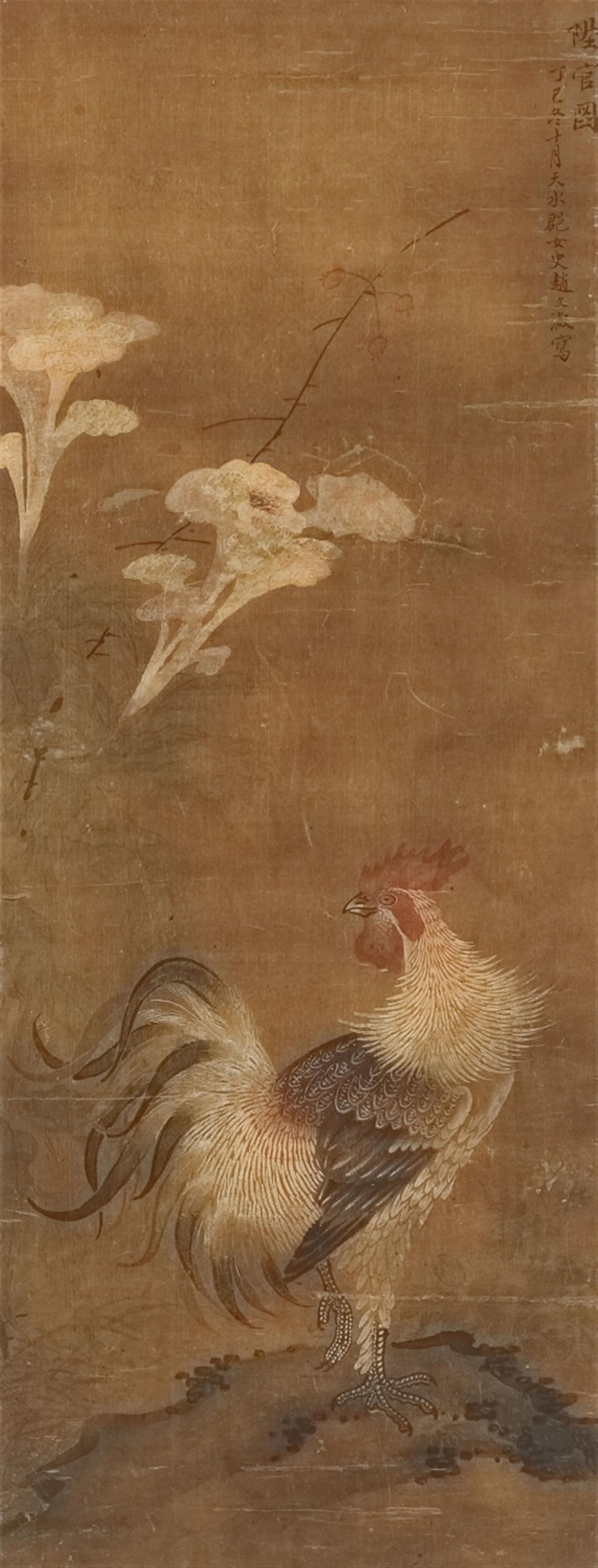 Zhao Wenshu . Qing dynasty - A rooster on a rock and cock's comb flowers. Hanging scroll. Ink and colour on silk. Inscription dated cyclically dingsi and signed Zhao Wenshu. - image-1