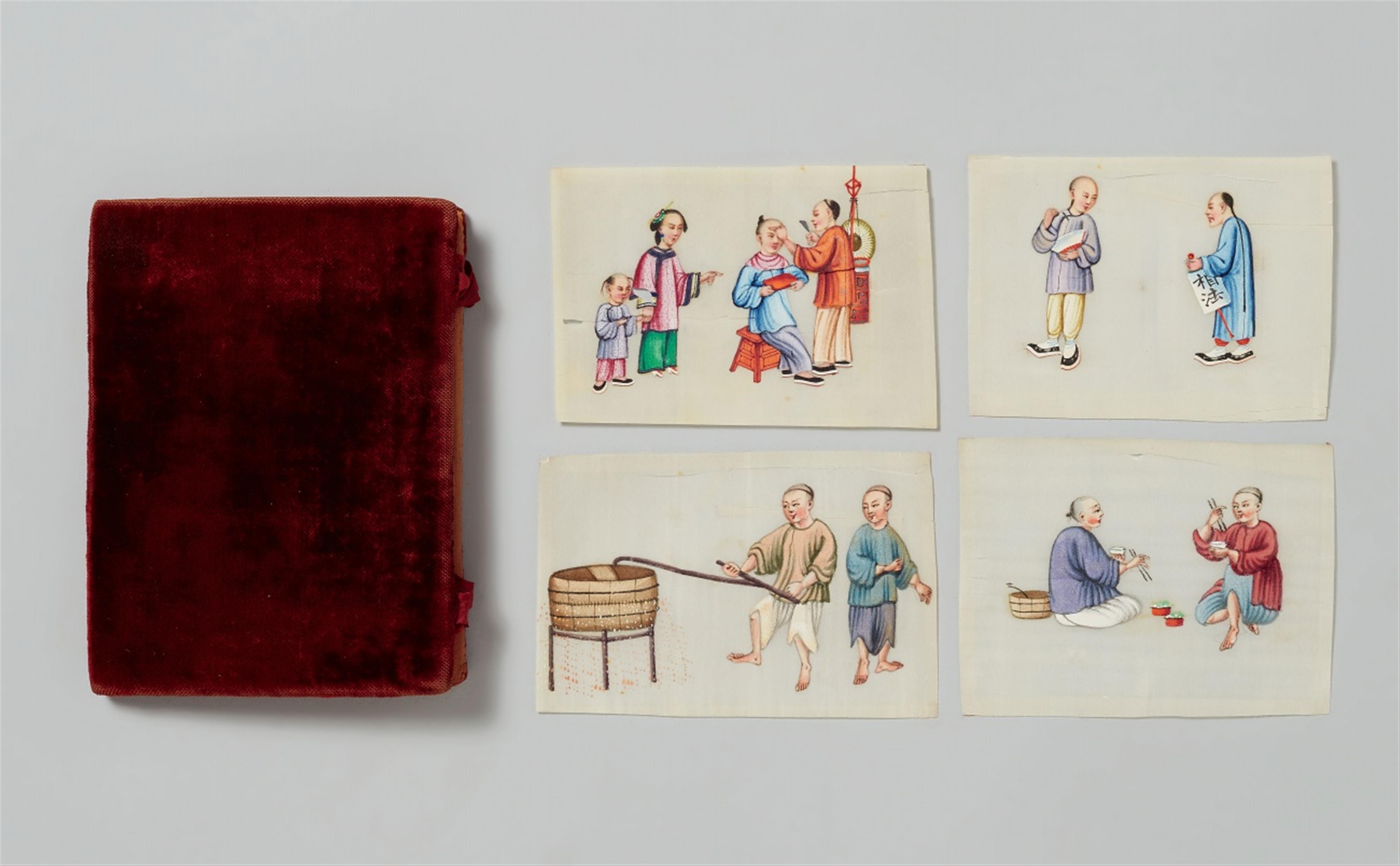 Anonymous painter . Canton. 19th century - Twelve small paintings depicting peasant scenes and different trades. - image-1