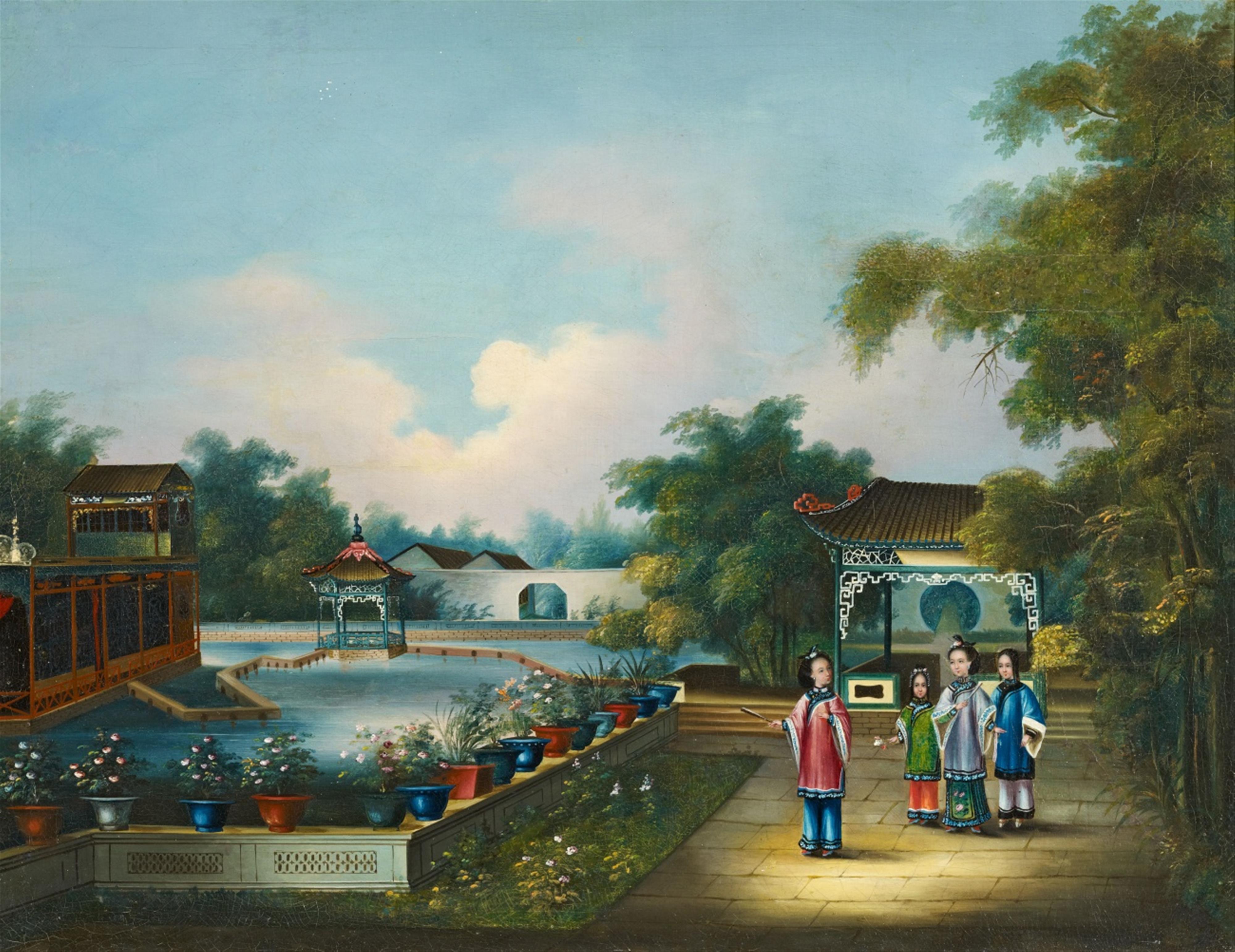 Anonymous painter . 19th century - A Chinese school painting depicting Chinese ladies in a large garden setting. Oil on canvas. - image-1