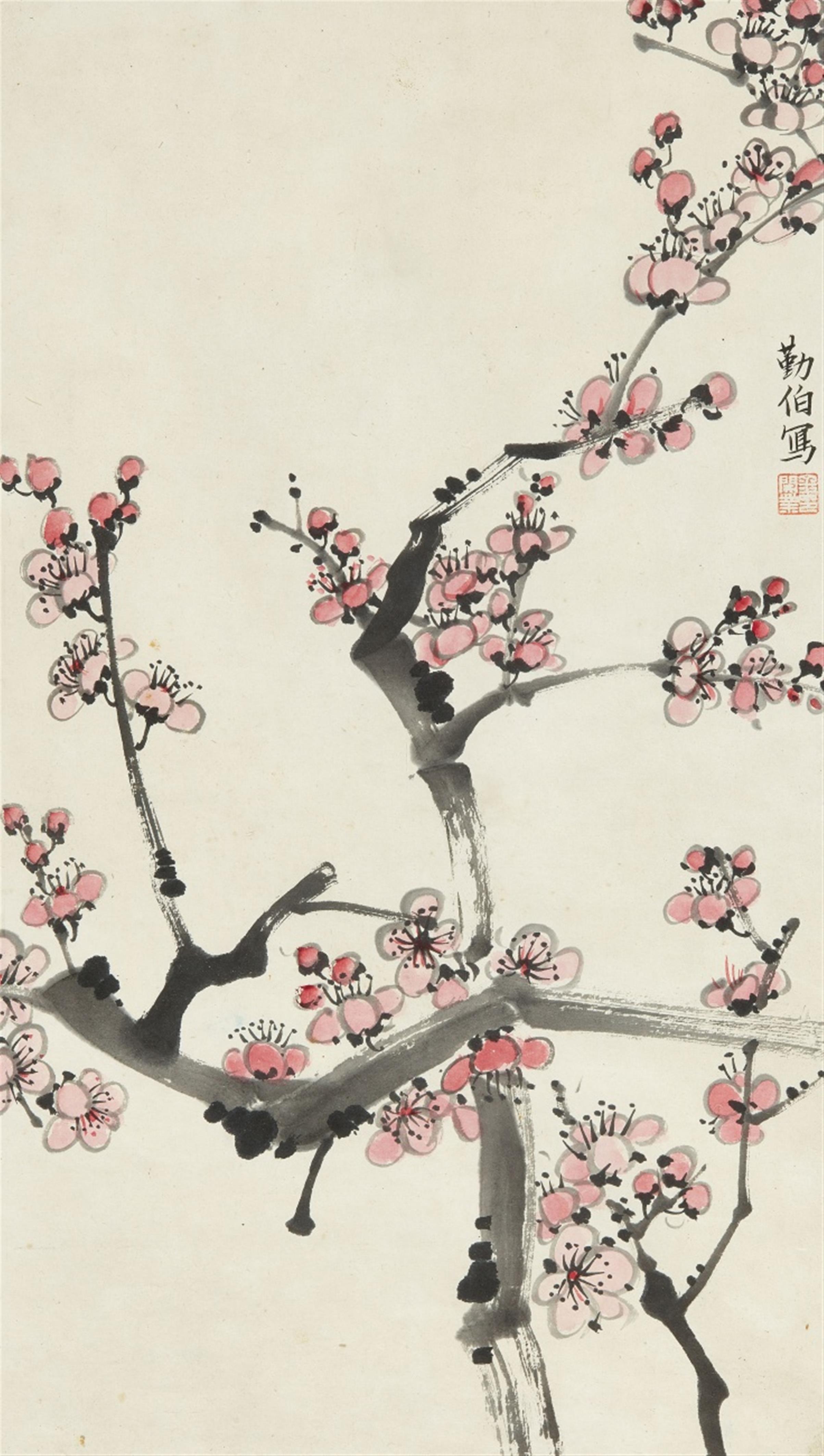 Jin Qinbo - Plum blossoms. Ink and colour on paper. Signed Qinbo and sealed Jin Qinbo yin. - image-1