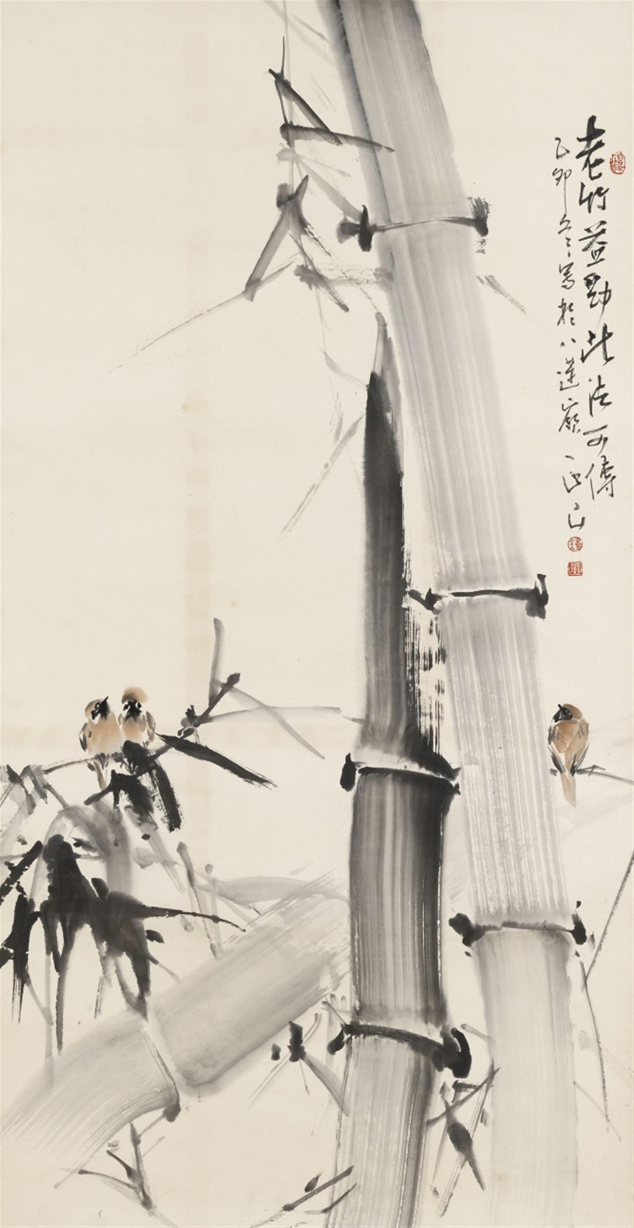After Zhong Zhengshan - Two paintings. Ink and colour on paper. Inscription, dated cyclically yimao (1975), inscribed Zhengshan and sealed Zhong and Zhengshan; a) birds on bamboo; b) peonies. (2) - image-2