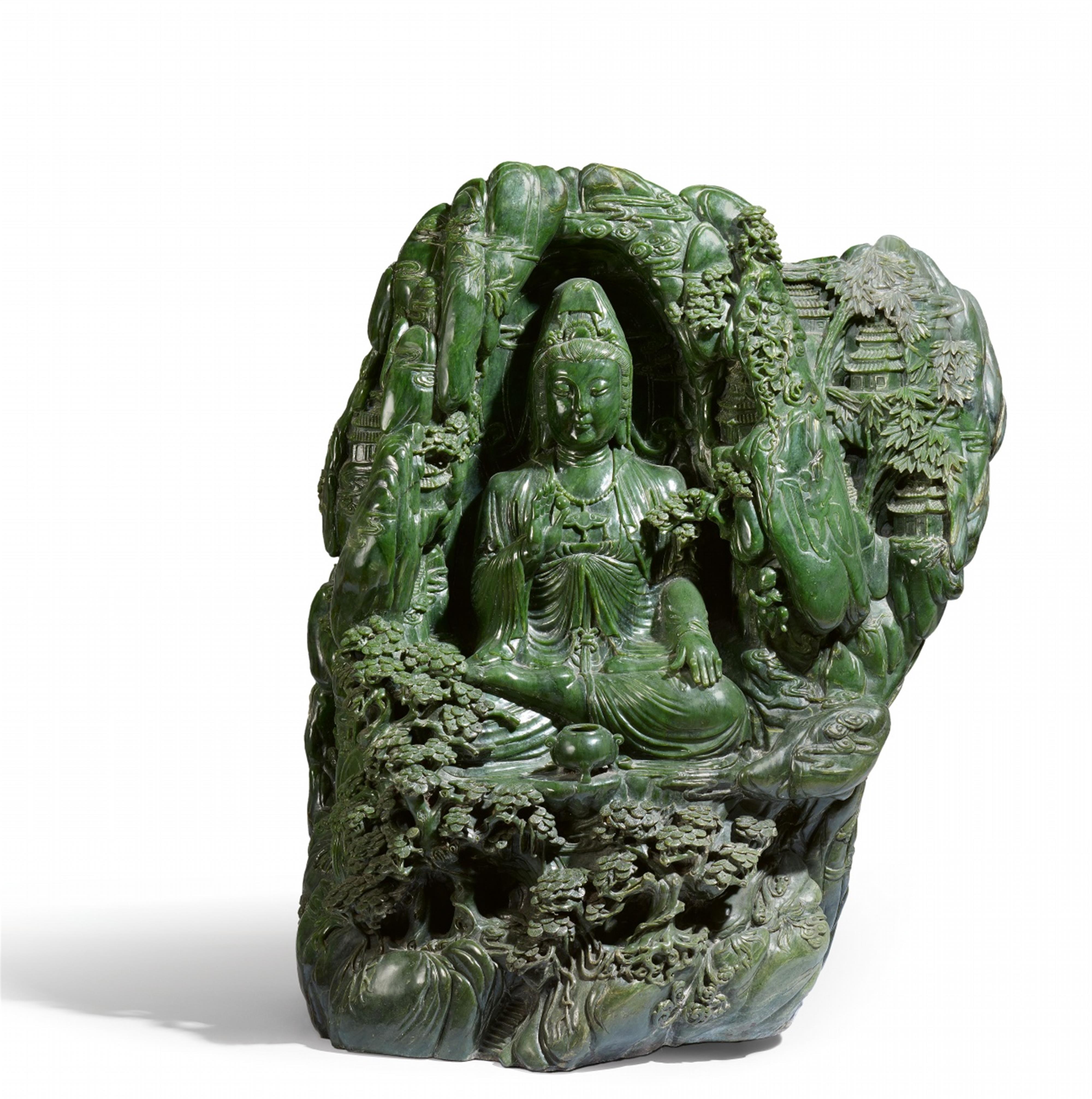 An unusually large dark green jade carving of Mount Putuo. 20th century - image-1