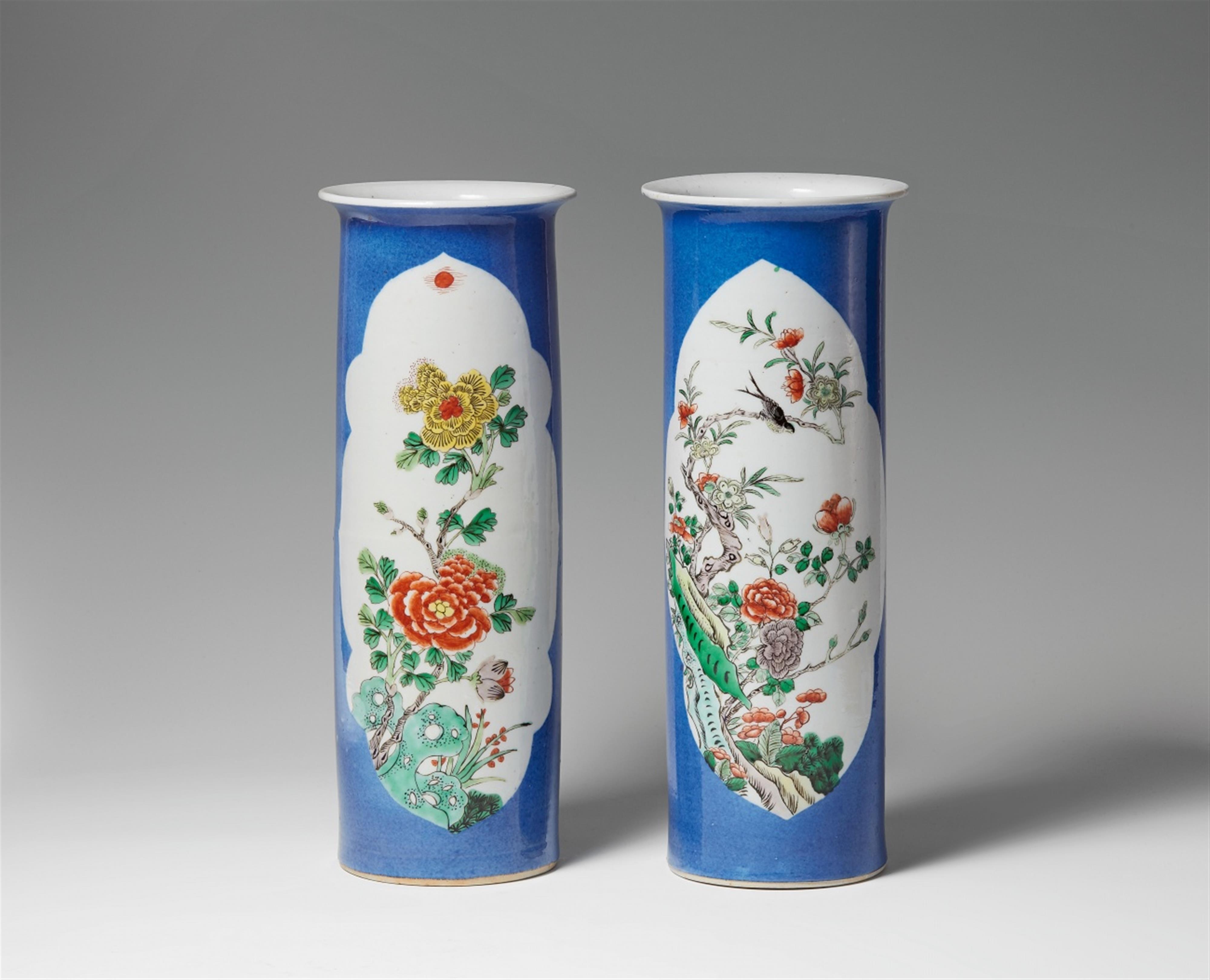 Two famille verte powder-blue-ground cylindrical vases. 19th century - image-1