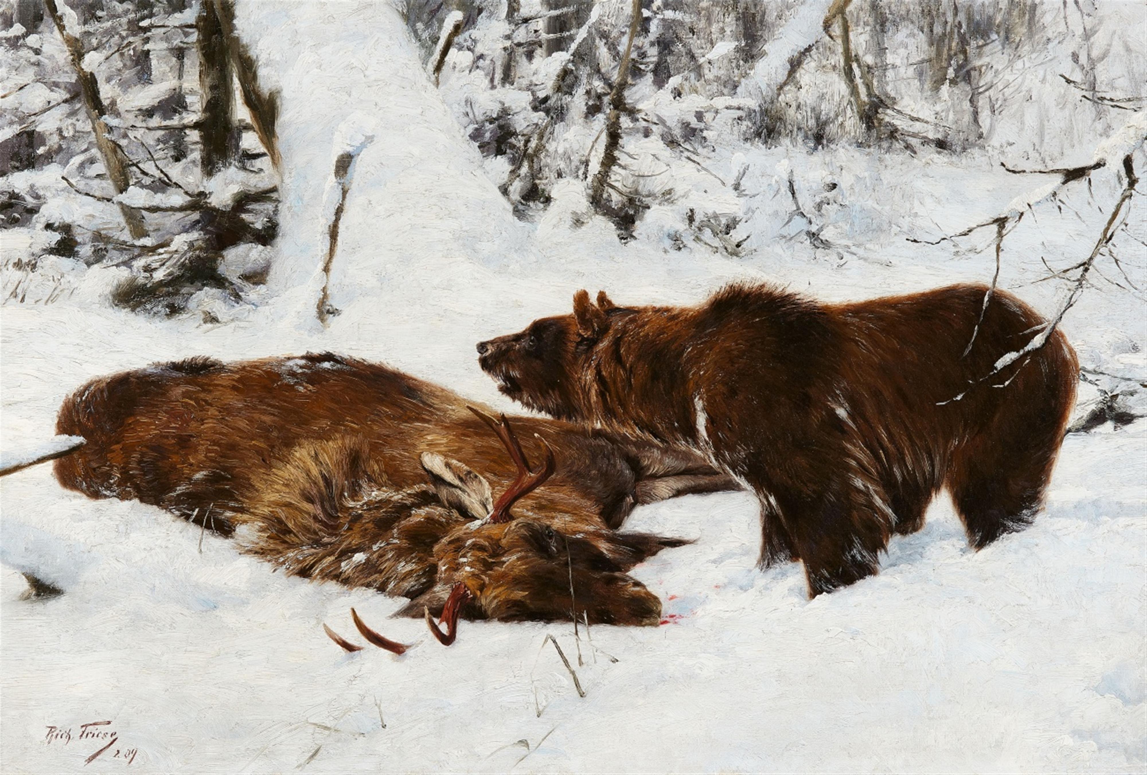 Richard Friese - Norwegian Winter Landscape with an Elk and a Brown Bear - image-1