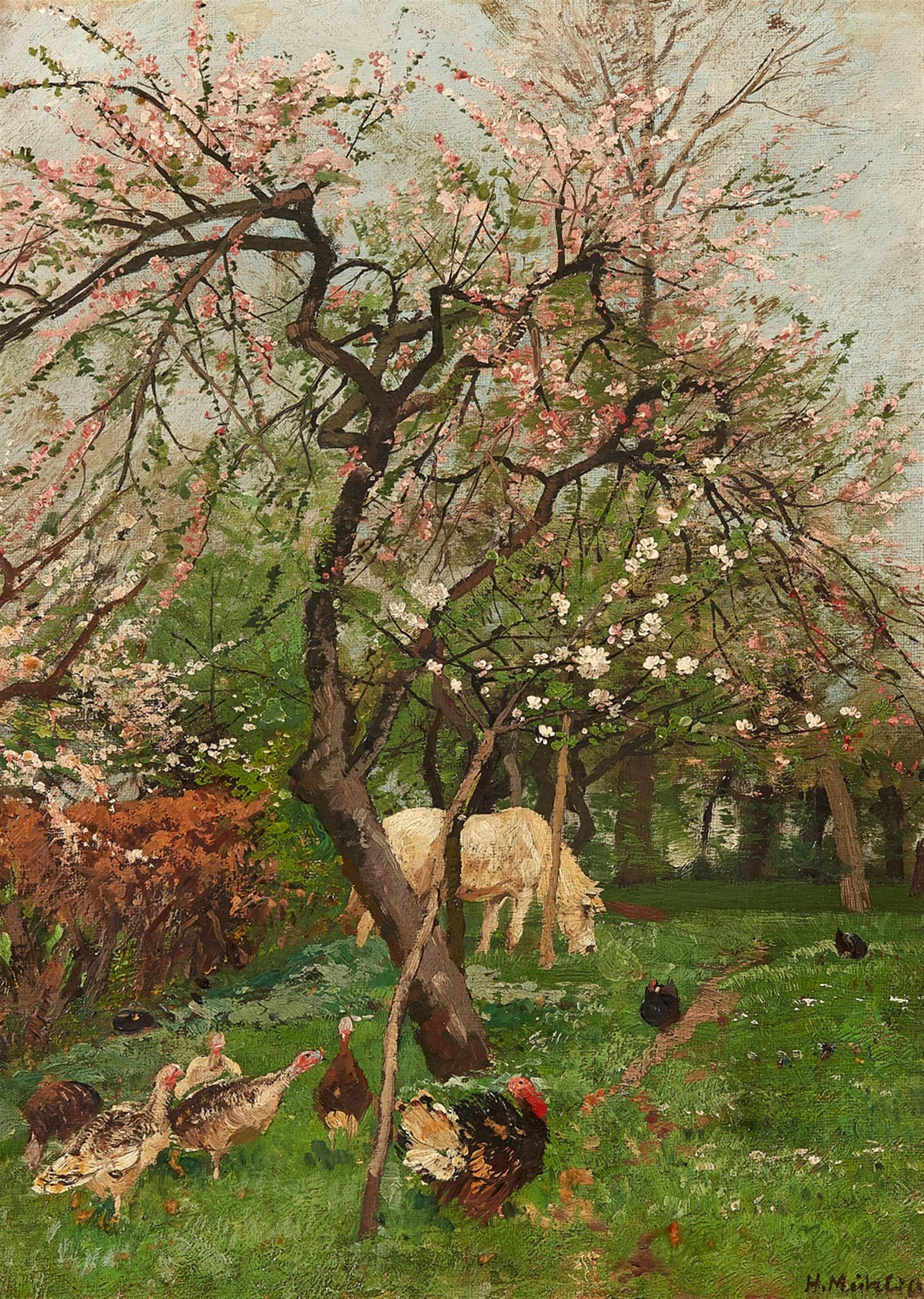 Hugo Mühlig - An Orchard in Bloom with Poultry and a Horse - image-1