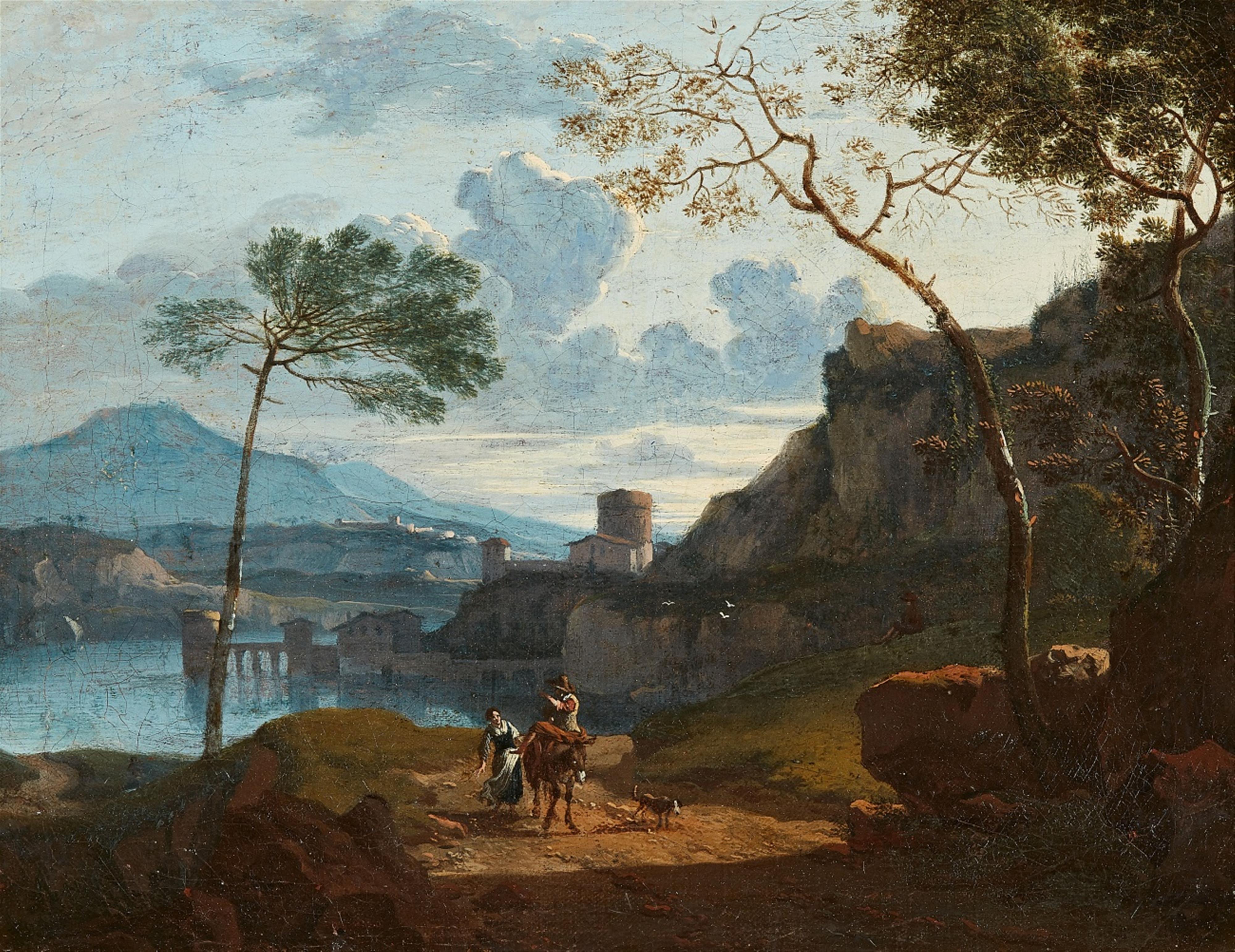 Karel Dujardin, follower of - Southern River Landscape with a Castle and Shepherds - image-1