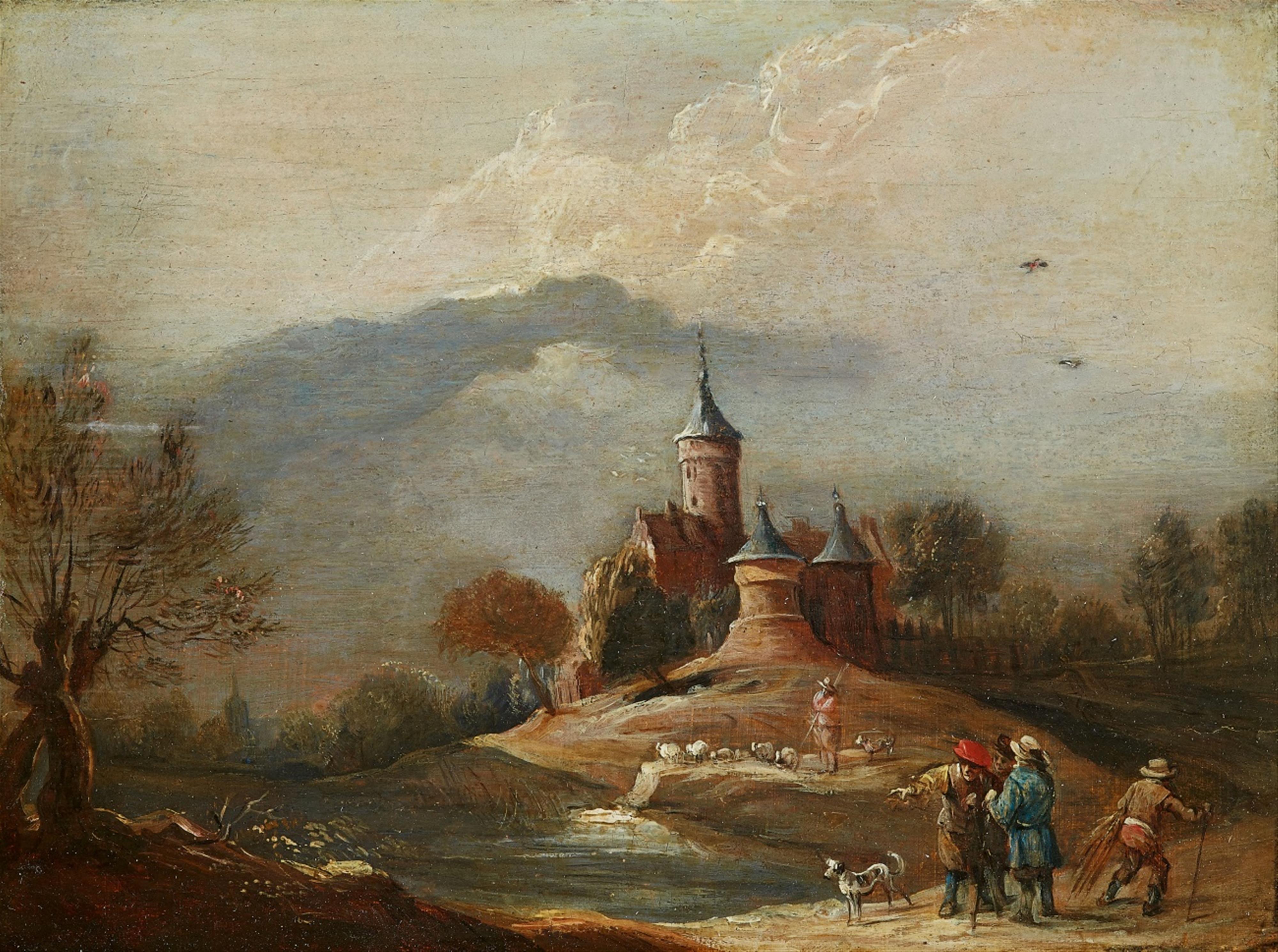 Flemish School 17th/18th century - Small Landscape with a Castle and Figures - image-1