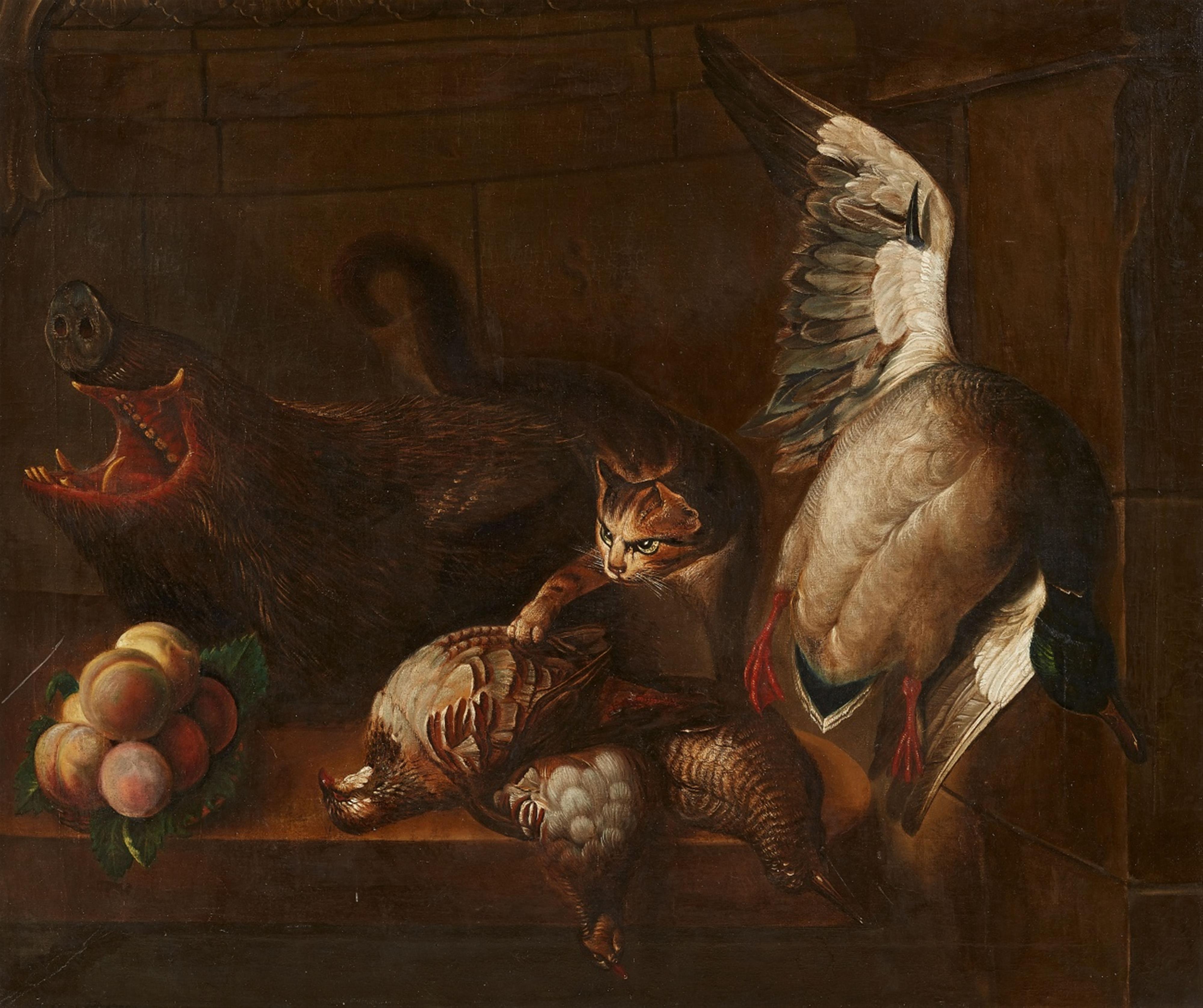 Probably Netherlandish School 18th/19th century - Still Life with Game, Peaches, and a Cat - image-1