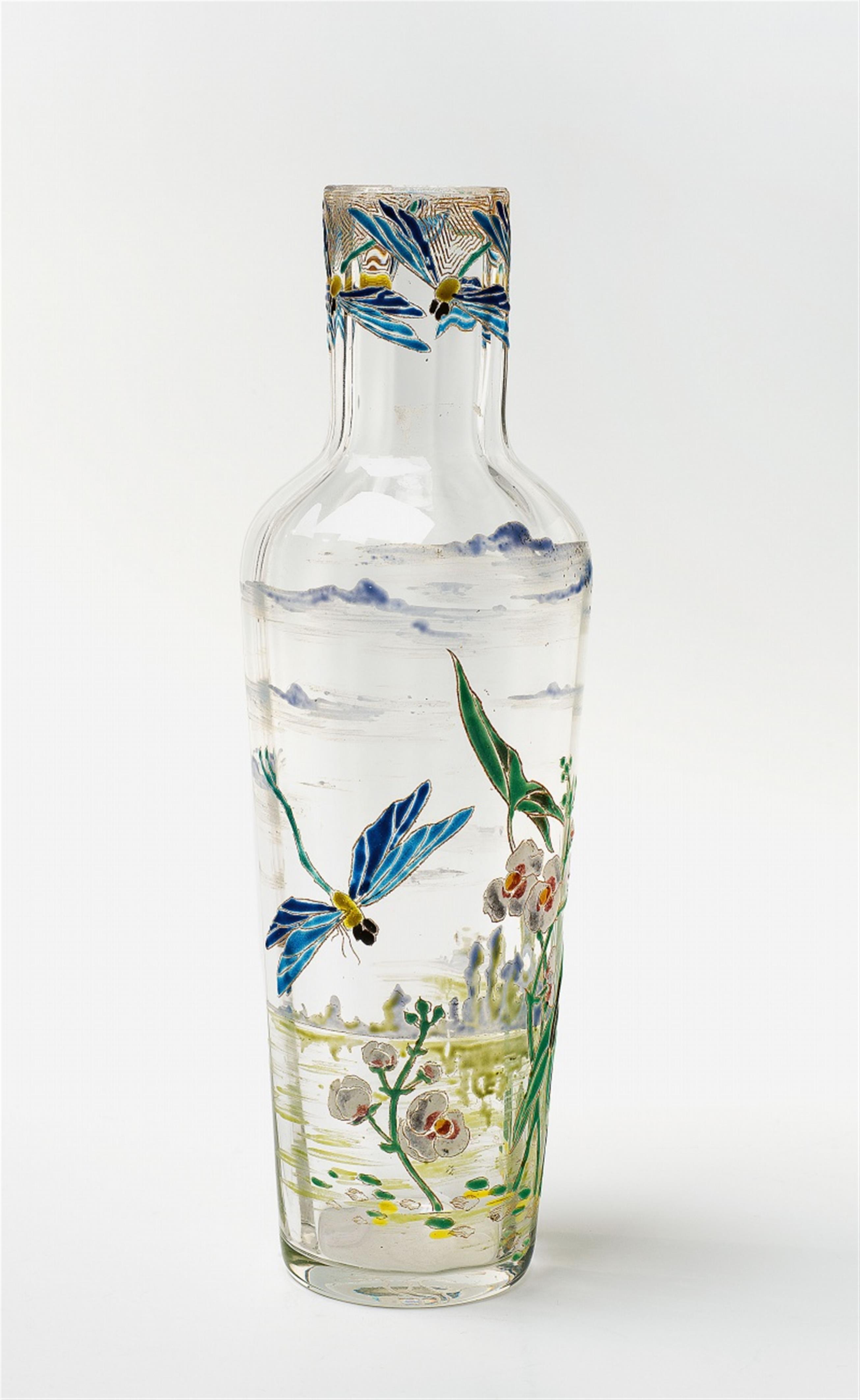 A rare Emile Gallé glass vase with enamel and gilt dragonfly decor - image-1