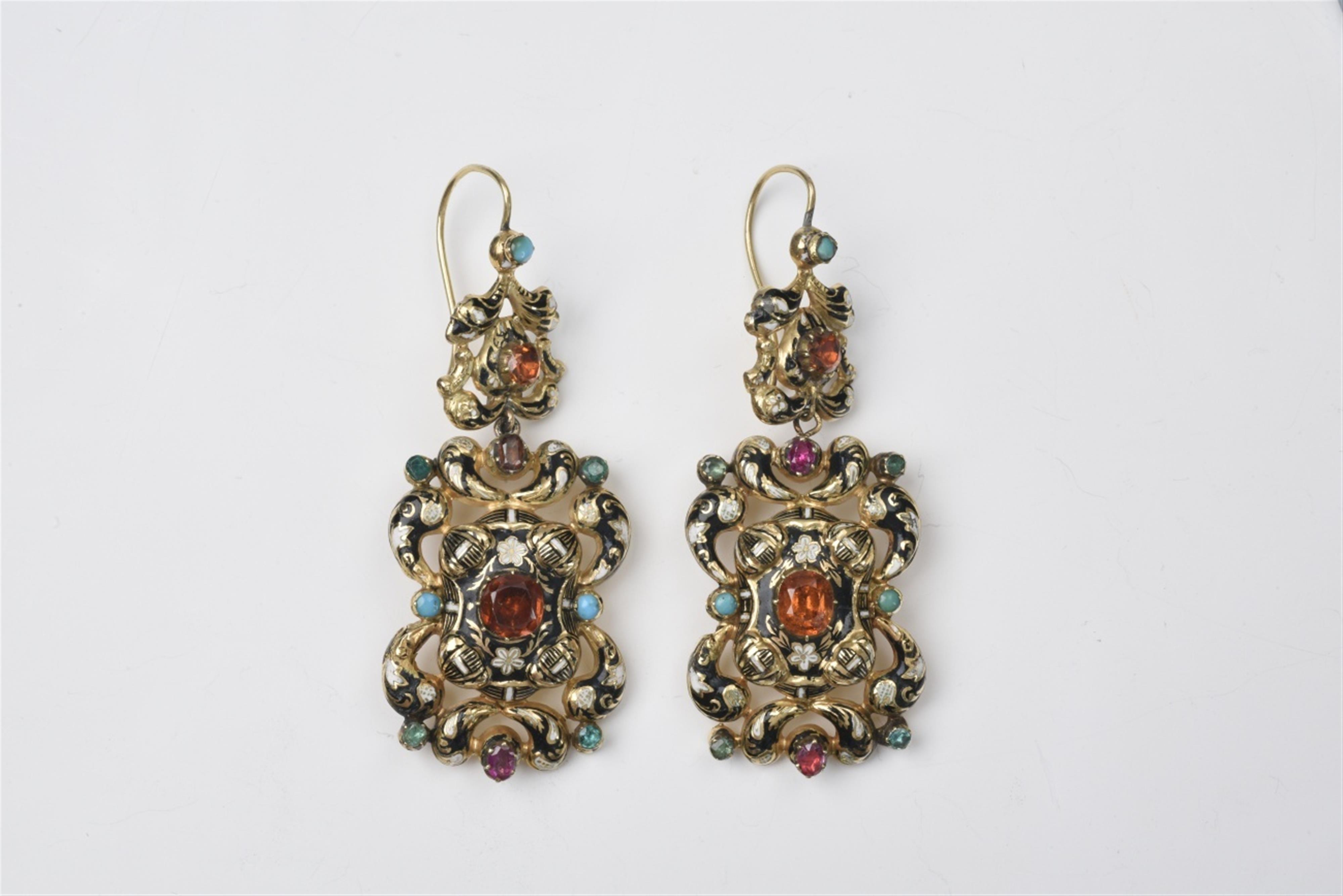 A pair of repoussé gold and enamel Biedermeier pendant earrings - image-1