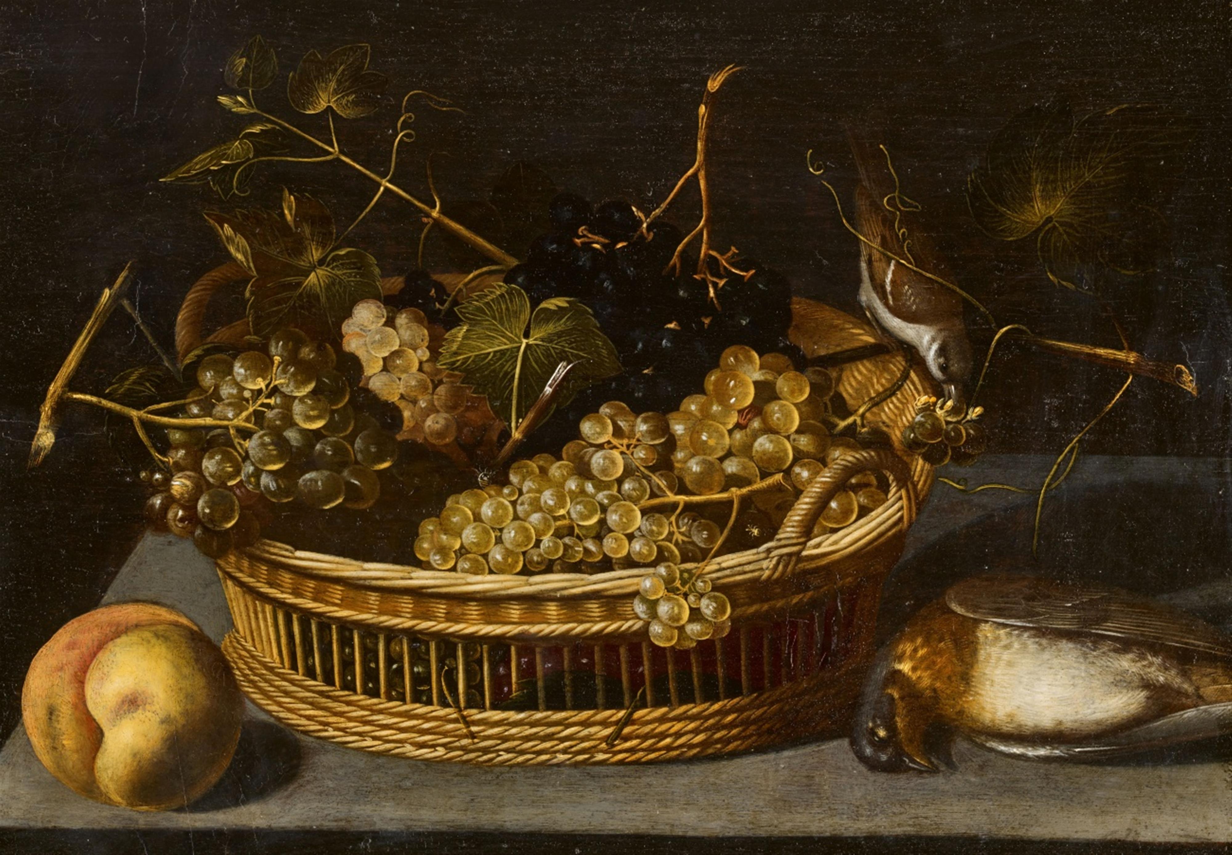 Francesco Codino - Still Life with a Basket of Grapes, a Peach, and Birds - image-1