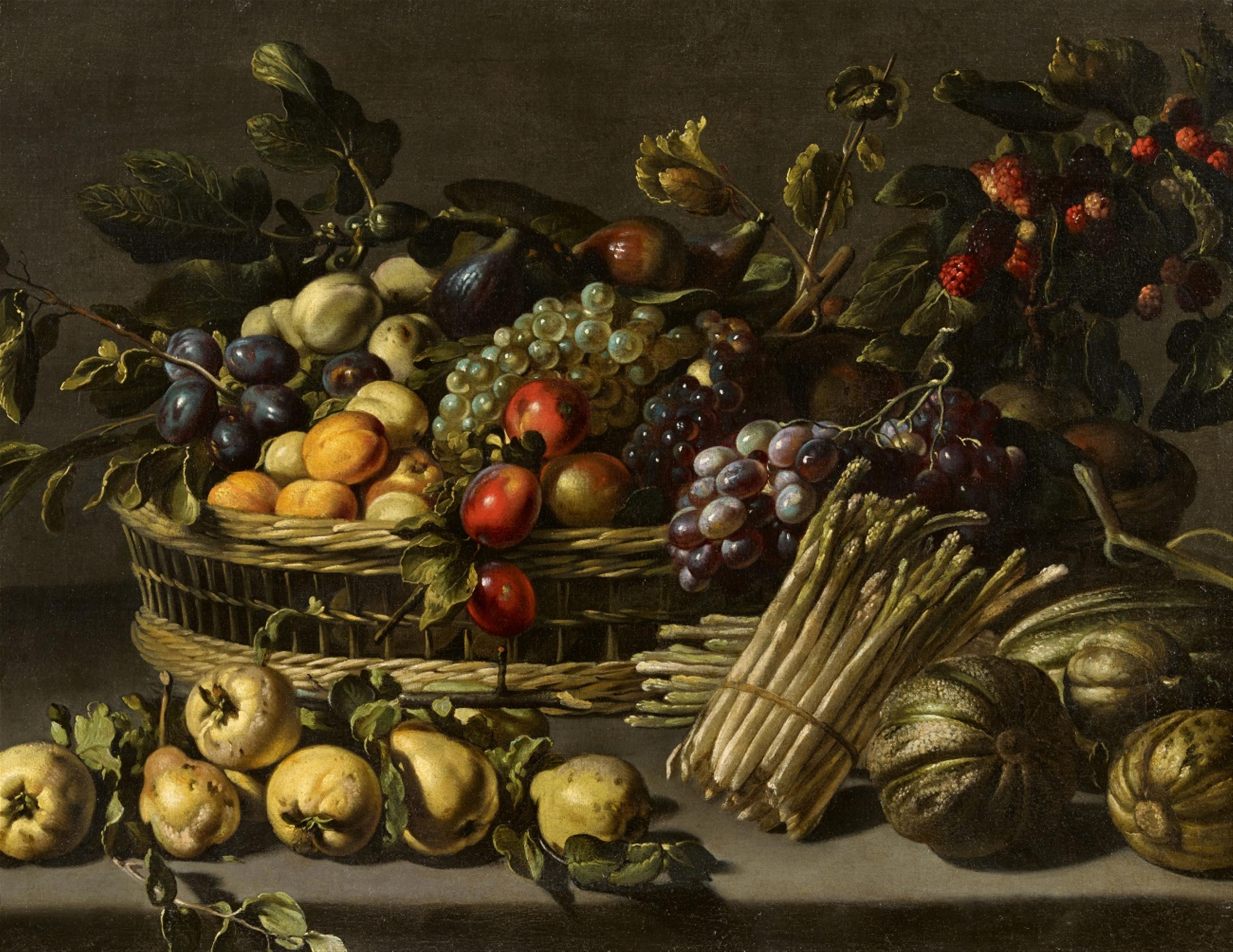 Adriaen van Utrecht, attributed to - Still Life with Fruit in a Basket surrounded by Melons, Quinces, and Asparagus - image-1