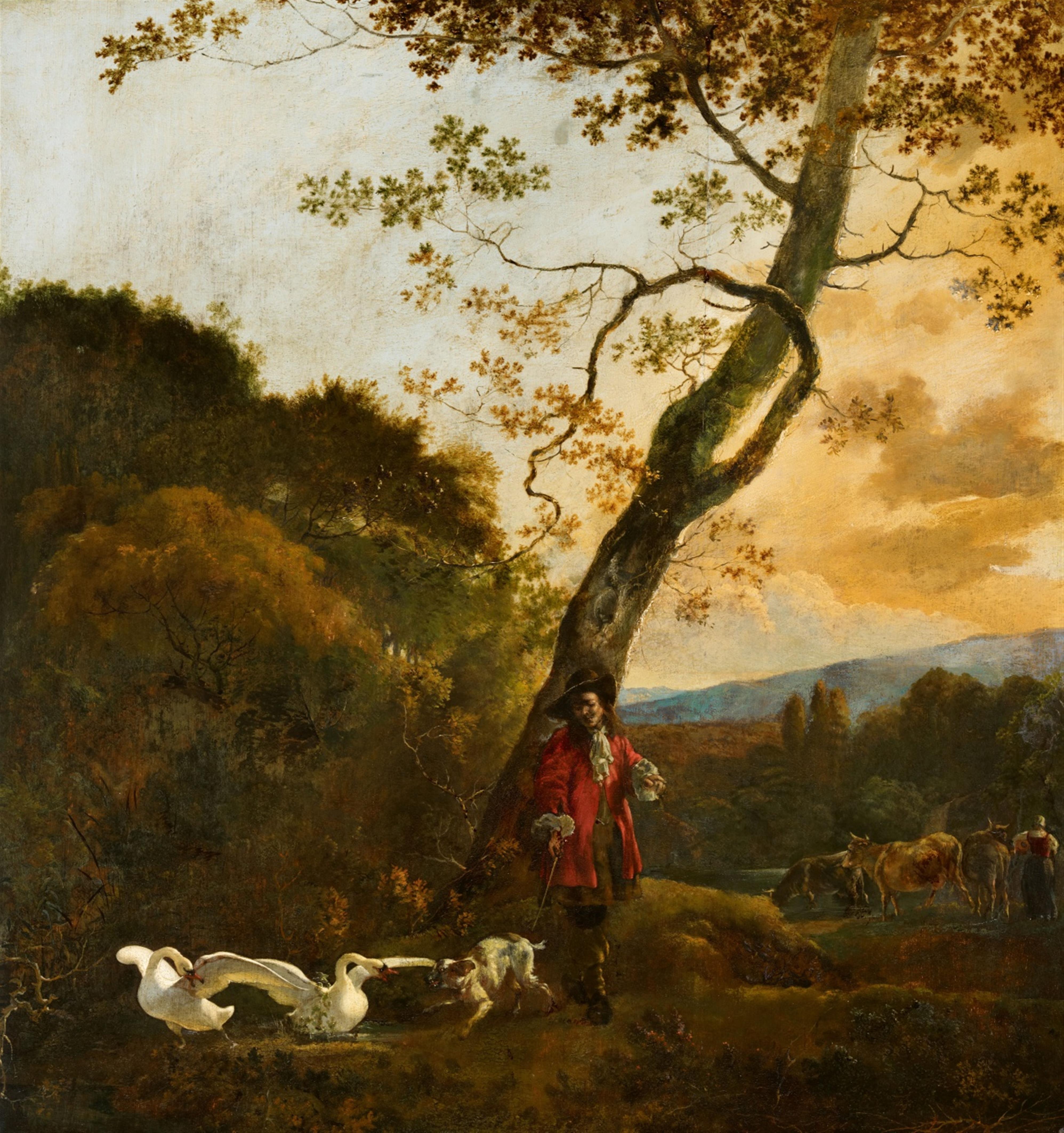 Abraham Hondius, Umkreis - Jäger mit Hund, zwei Schwäne attackierend - image-1