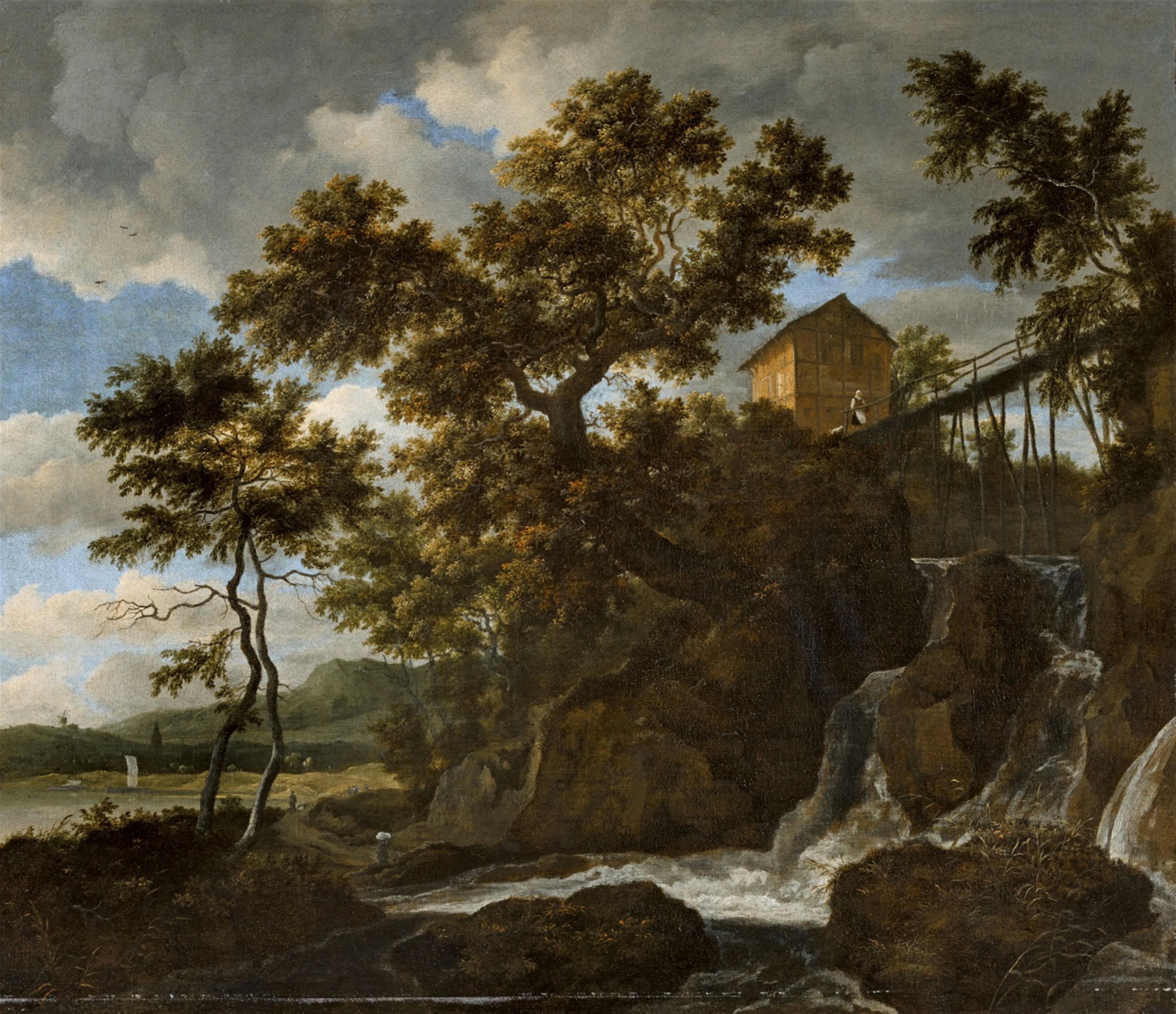 Jacob van Ruisdael - Landschaft mit Wasserfall, Fachwerkhaus und Brücke - image-1