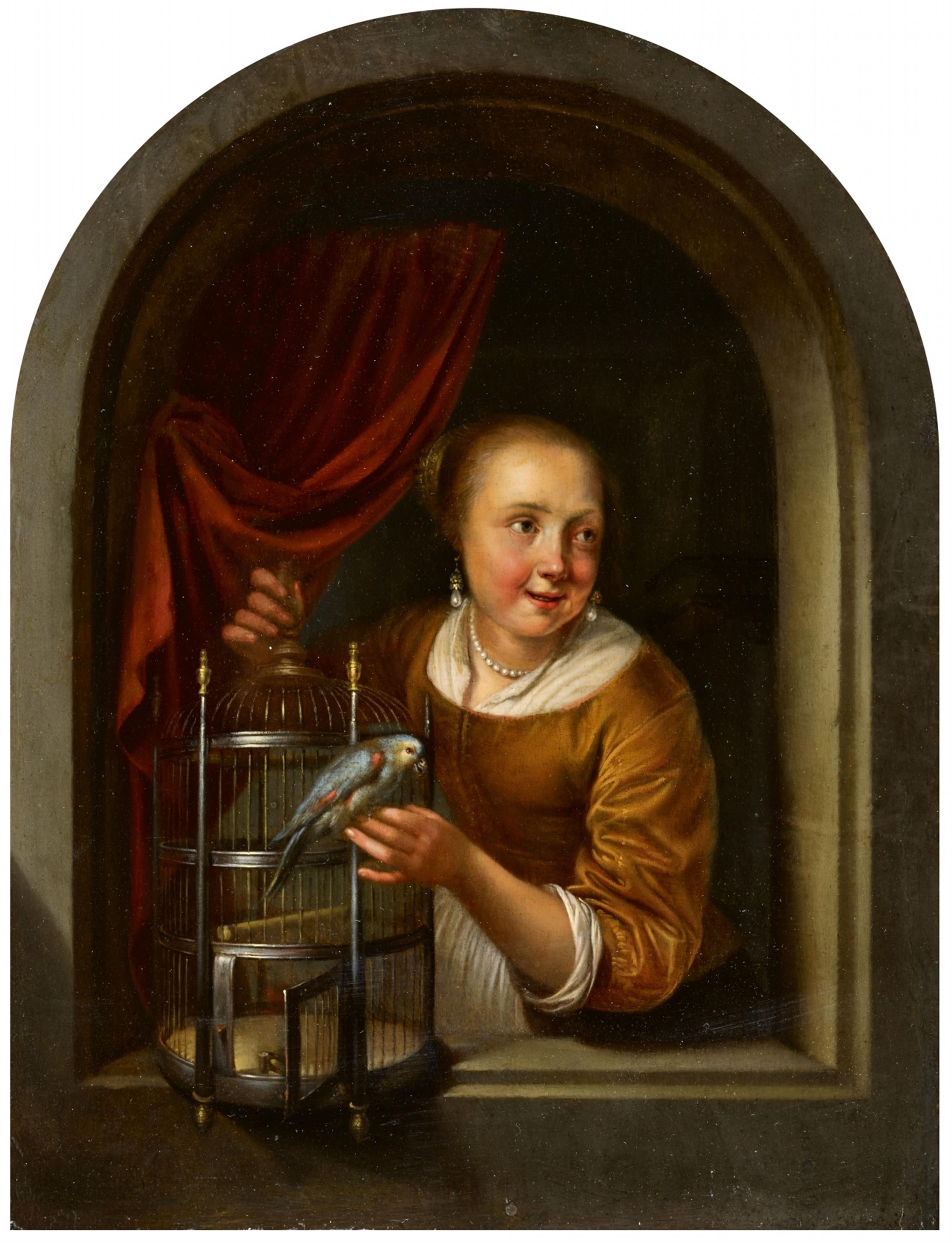 Gerrit Dou, Umkreis - Junge Frau in einer Fensternische mit Papagei - image-1