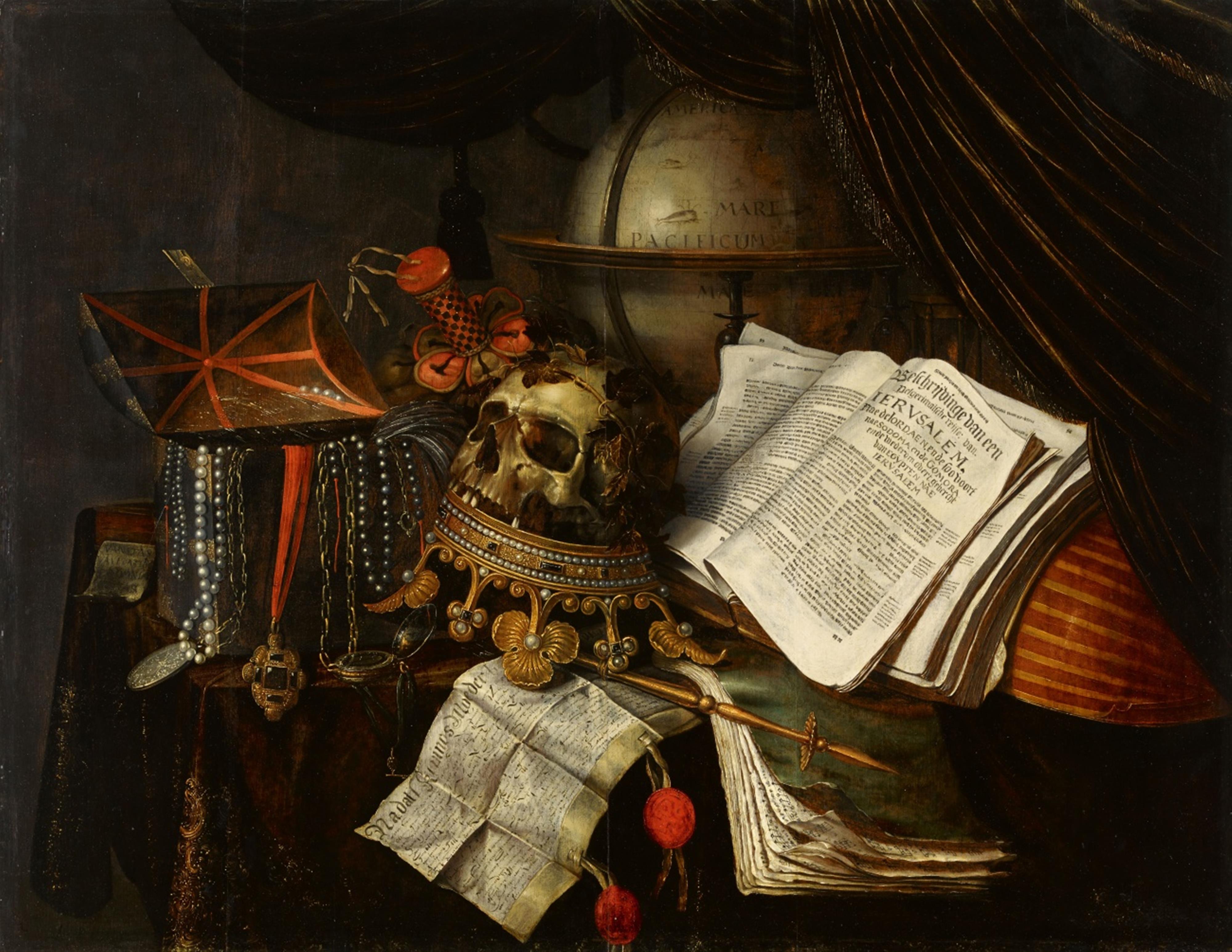 Edwaert Collier - Vanitas Still Life with a Jewellery Box, Skull on a reversed Crown, a Globe, and a Lute - image-1