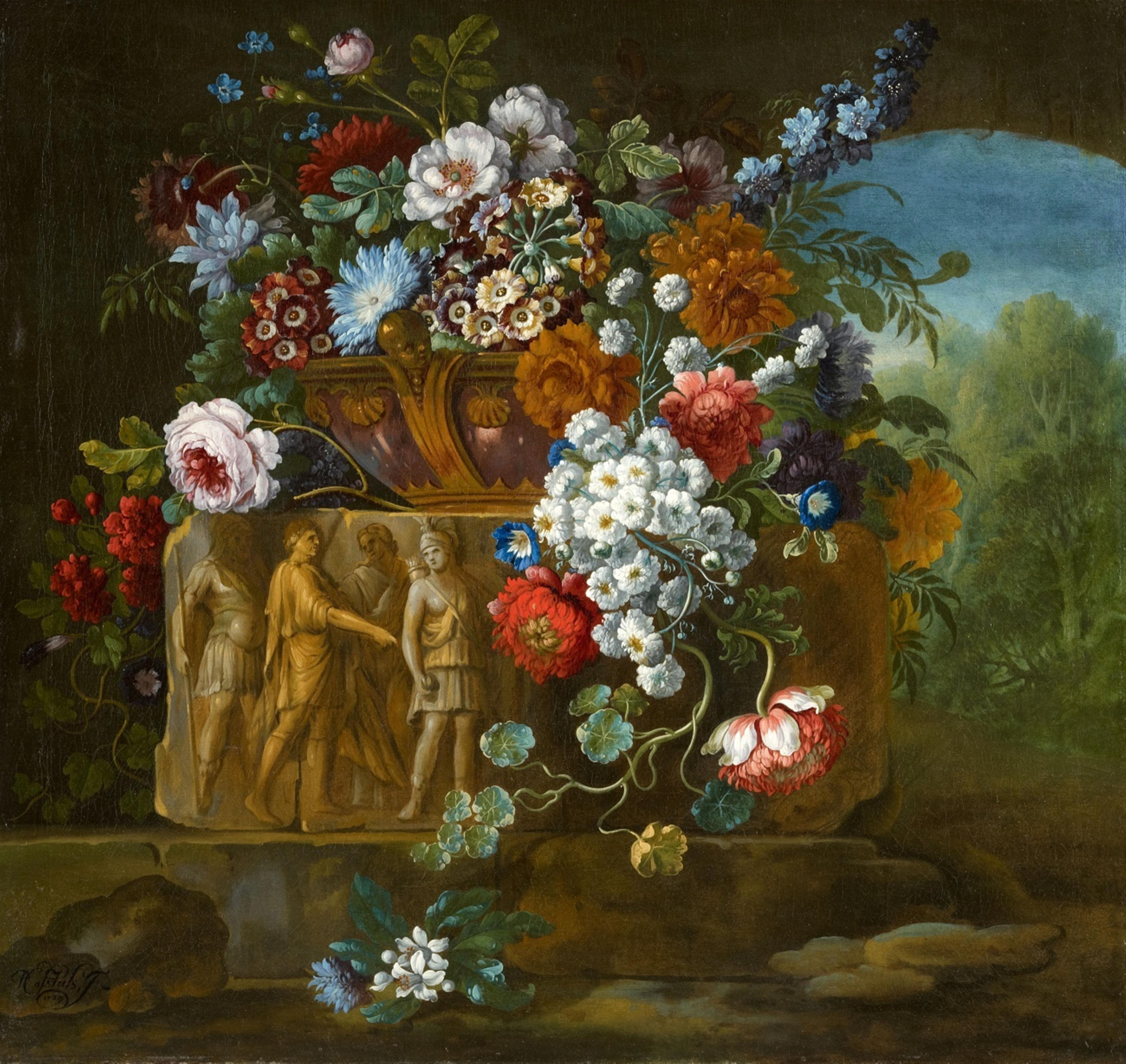 Pieter III Casteels - Flower Still Life with a Fragment of a Roman Relief - image-1