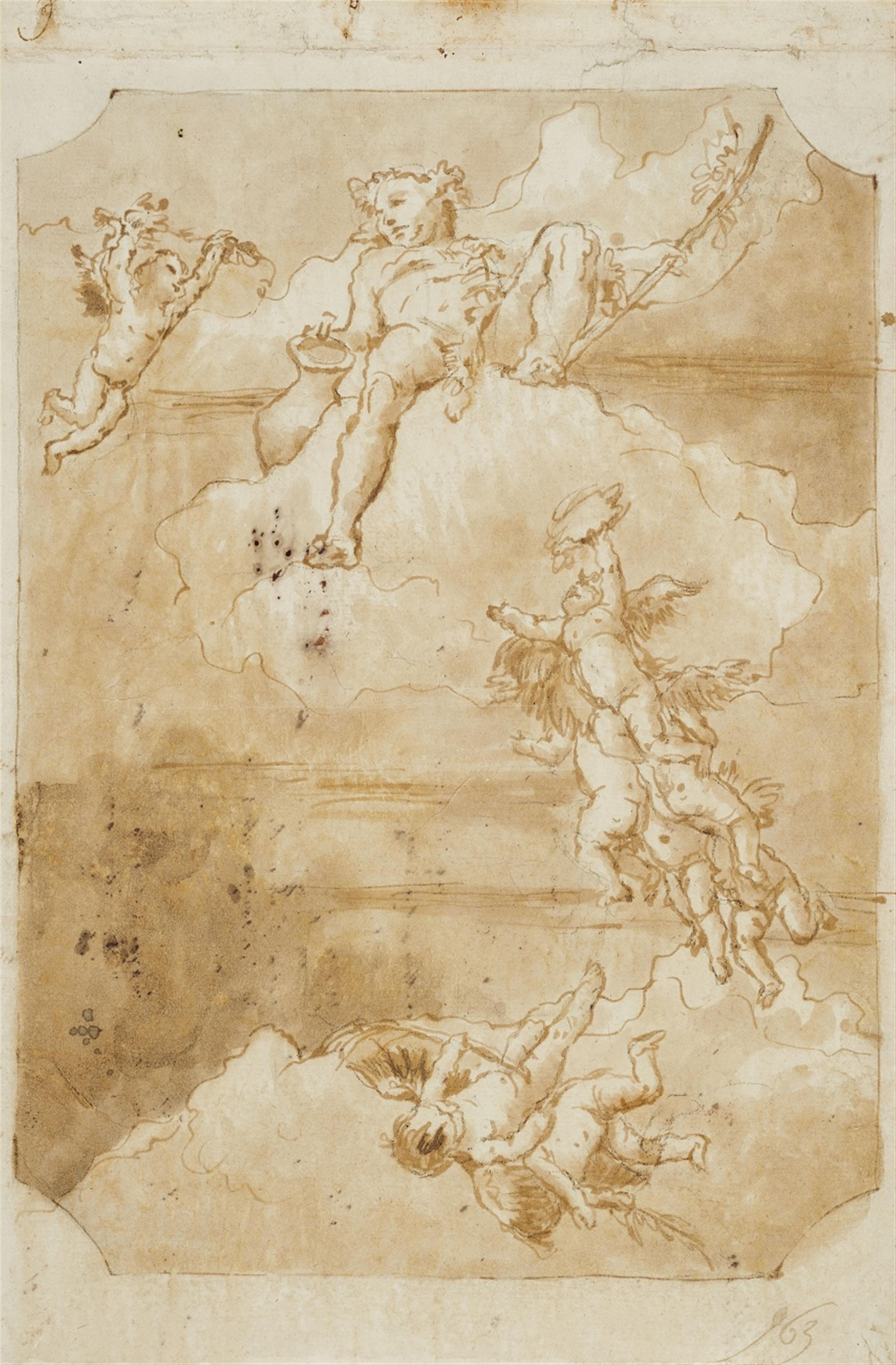 Venetian School 18th century - Design for a Ceiling Painting with Putti and Bacchus - image-1