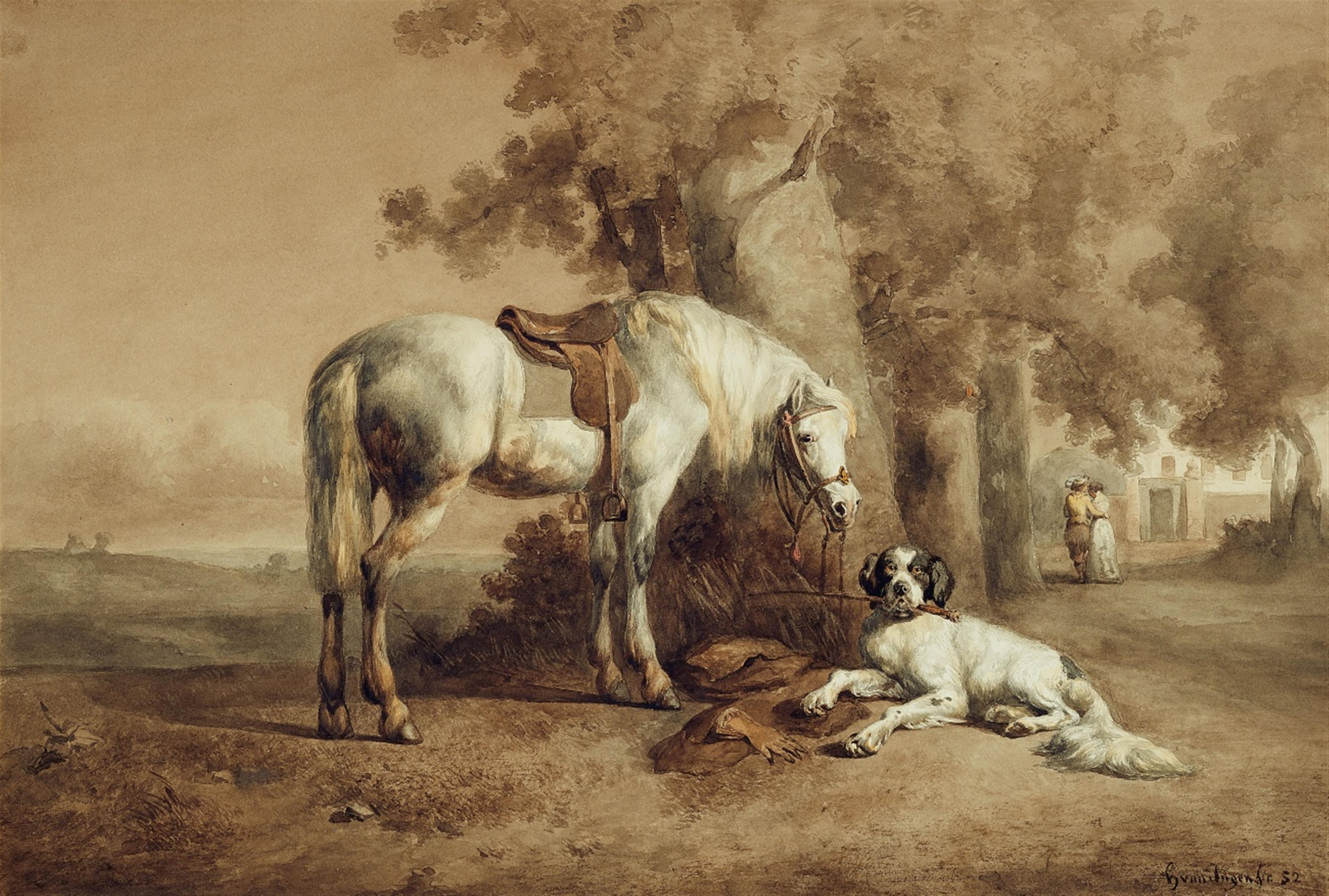 Henry van Ingen - Landschaft mit einem gesattelten Pferd und einem Jagdhund - image-1