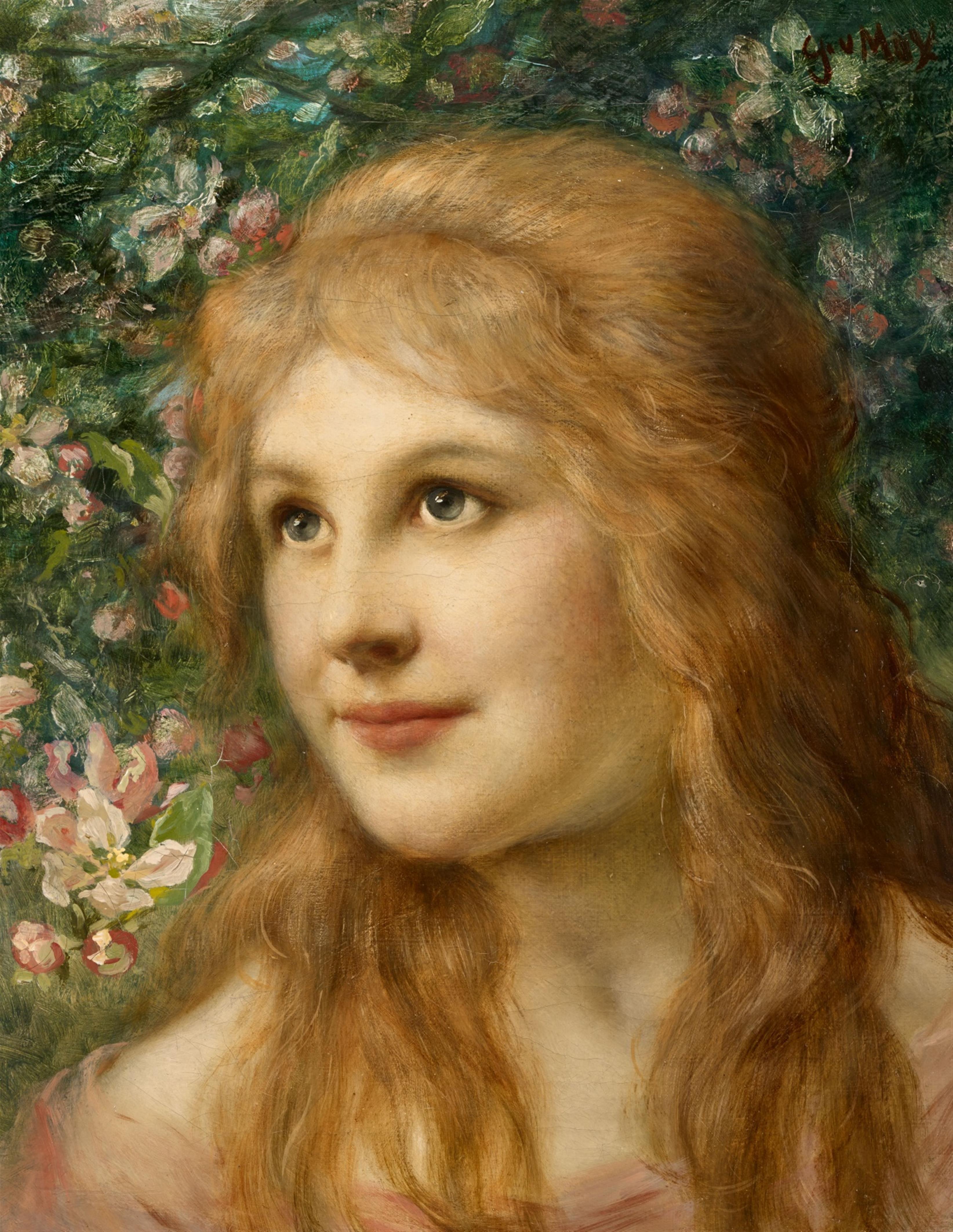 Gabriel von Max - Junge Frau vor einem Blütenhintergrund - image-1