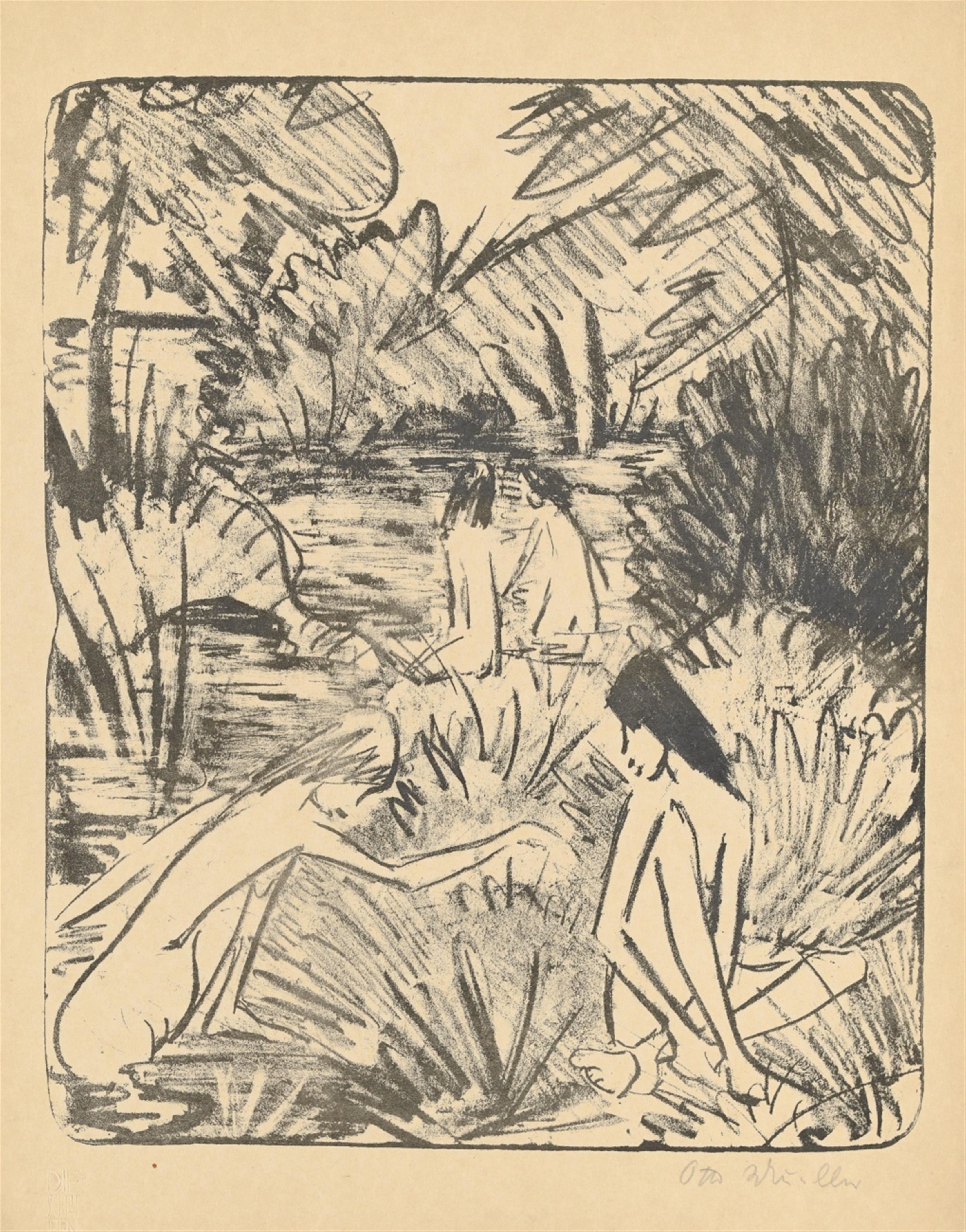 Otto Mueller - Waldsee mit drei badenden und einem sitzenden Mädchen 2 - image-1