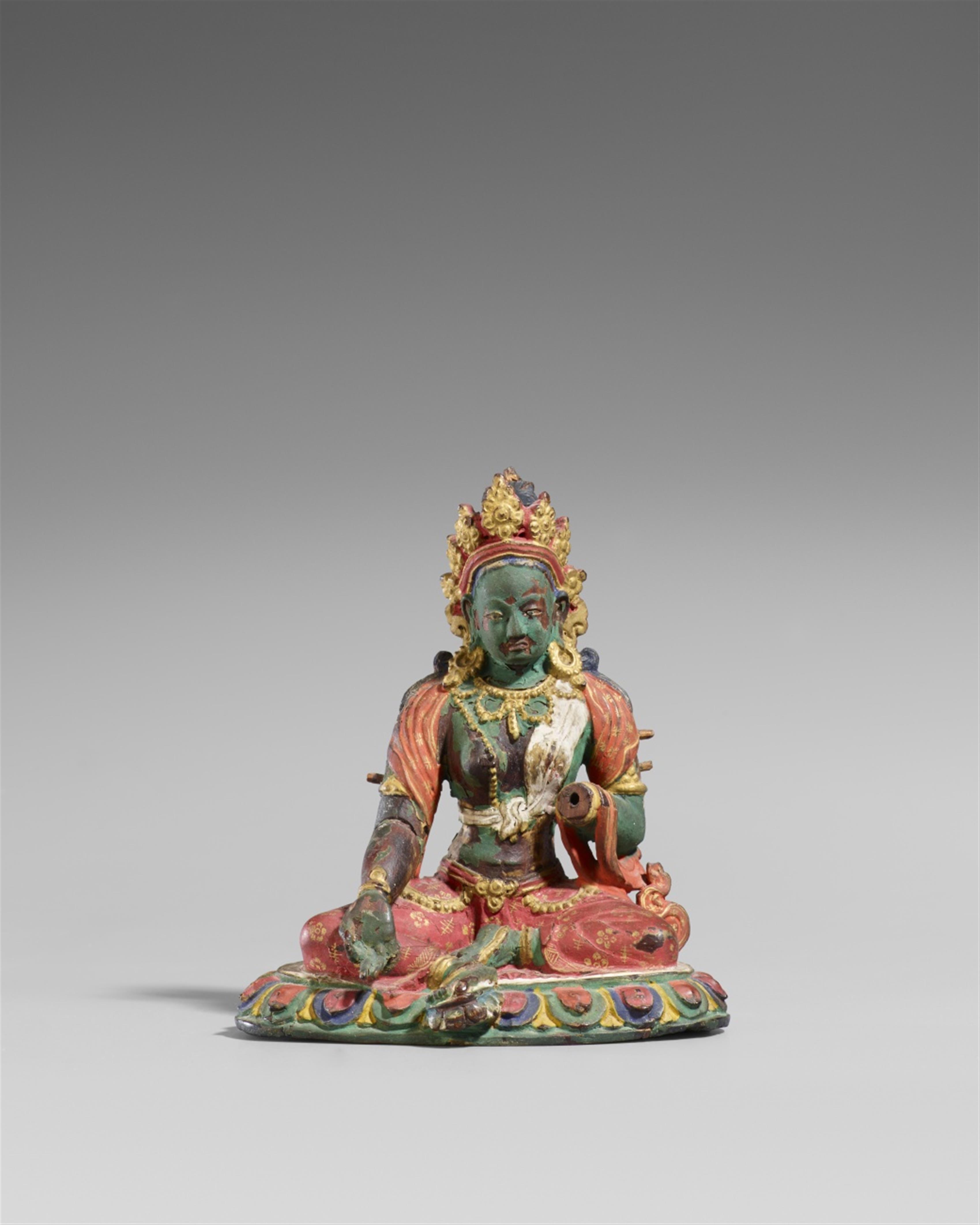 A Tibetan polychome painted wooden figure of the Green Tara. 17th/18th century - image-1