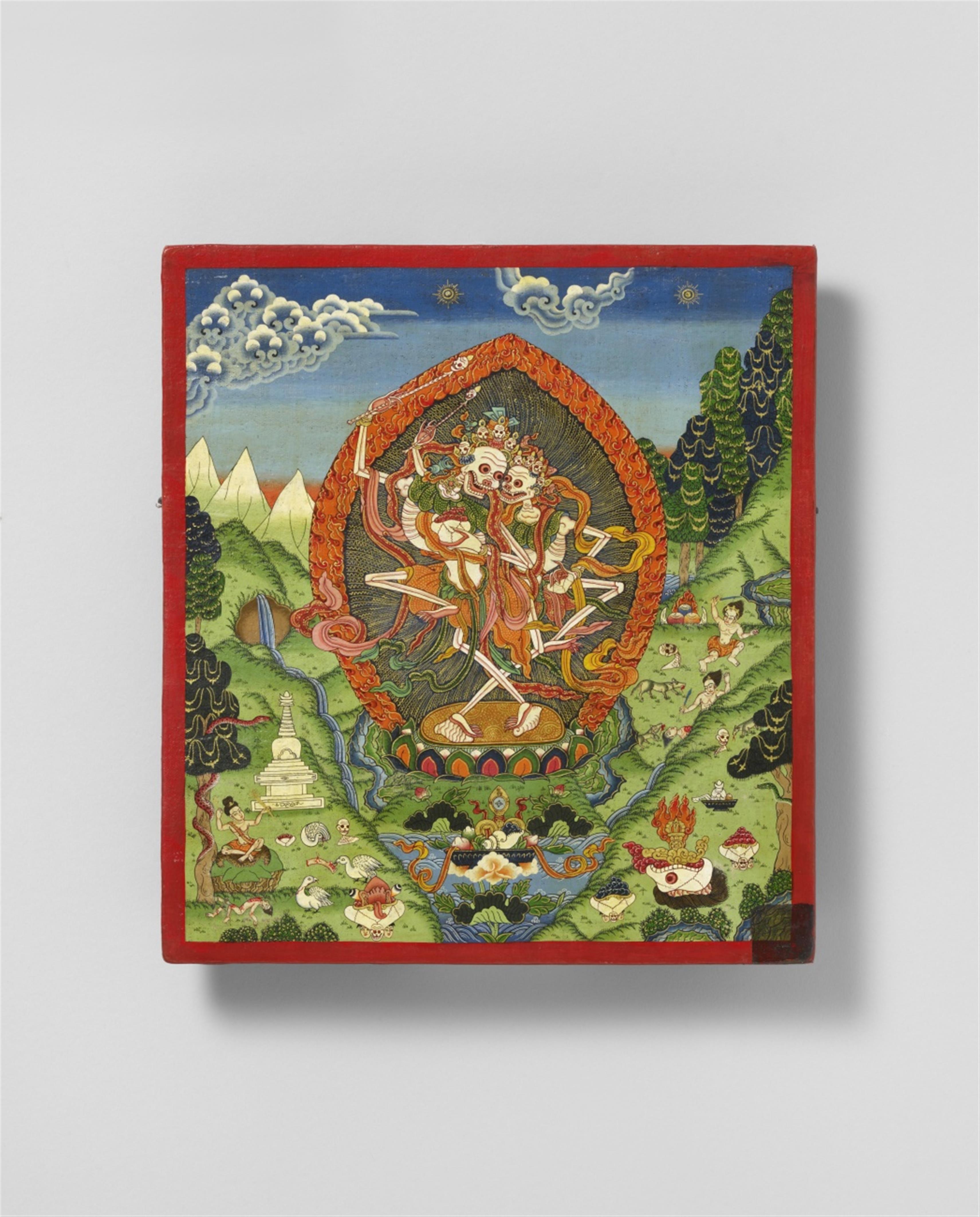 Ausschnitt einer Malerei mit einem Skelettpaar (citipati). Tibet. 18./19. Jh. - image-1
