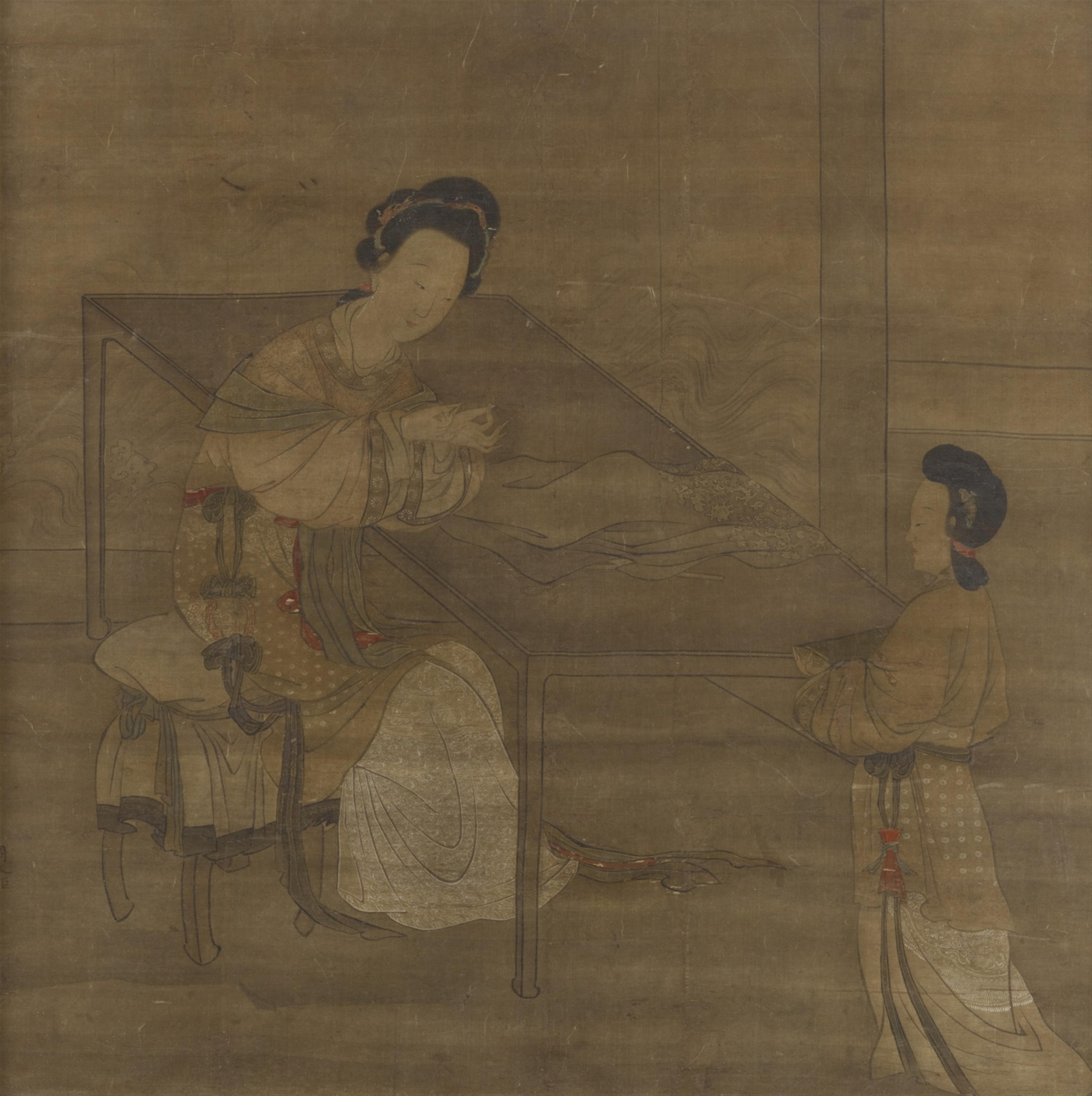 Anonymous painter . 18th century - Palace ladies at leisure. Ink and colour on silk. Inscribed Zhou Wenju. - image-1