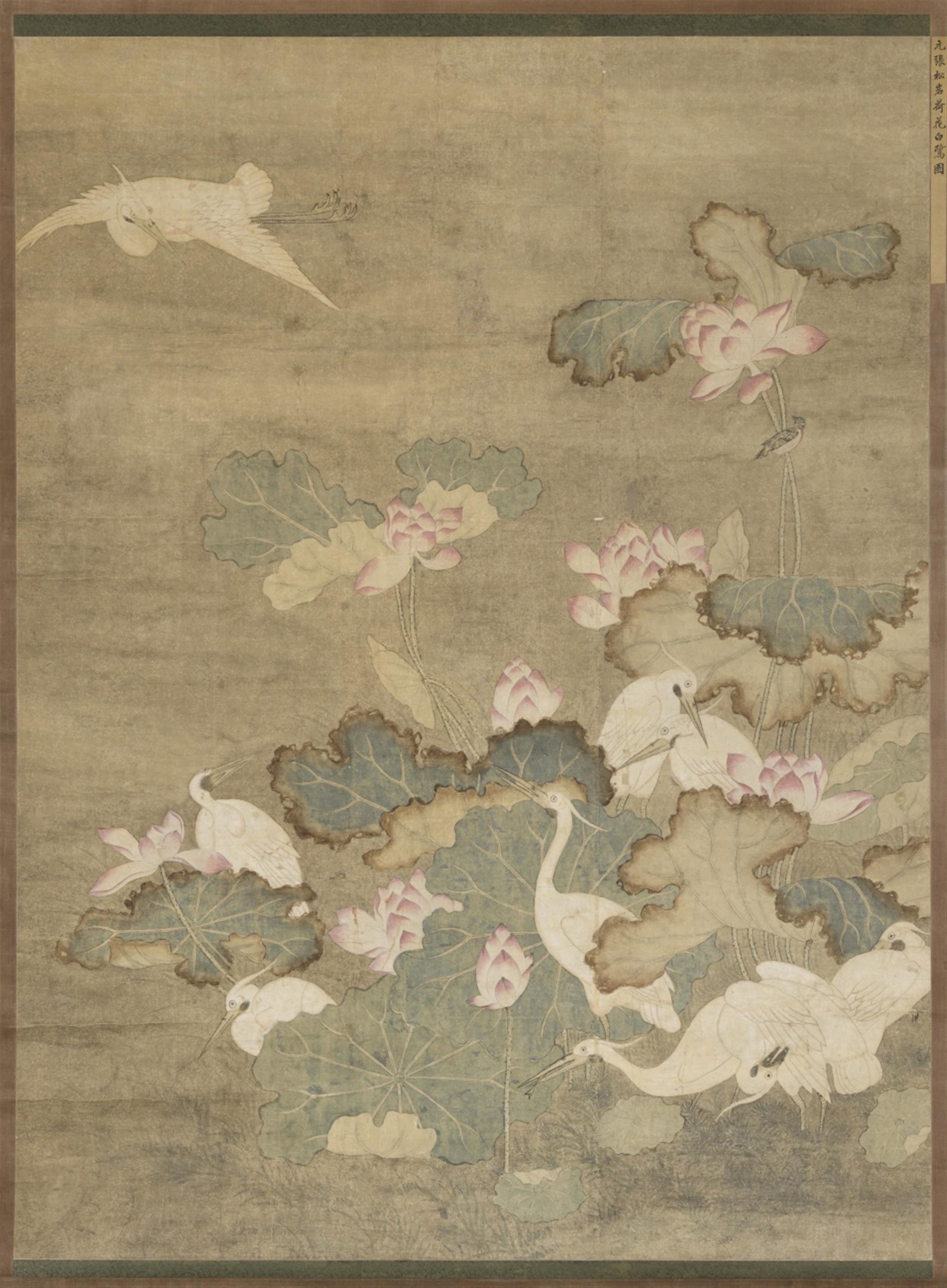 Anonymous painter . Qing dynasty - Nine herons by a lotus pond. Hanging scroll. Ink and colour on paper. Inscribed Yuan Zhang Song Yan and titled: Hehua bailu tu (Lotus blossoms and white herons). - image-1
