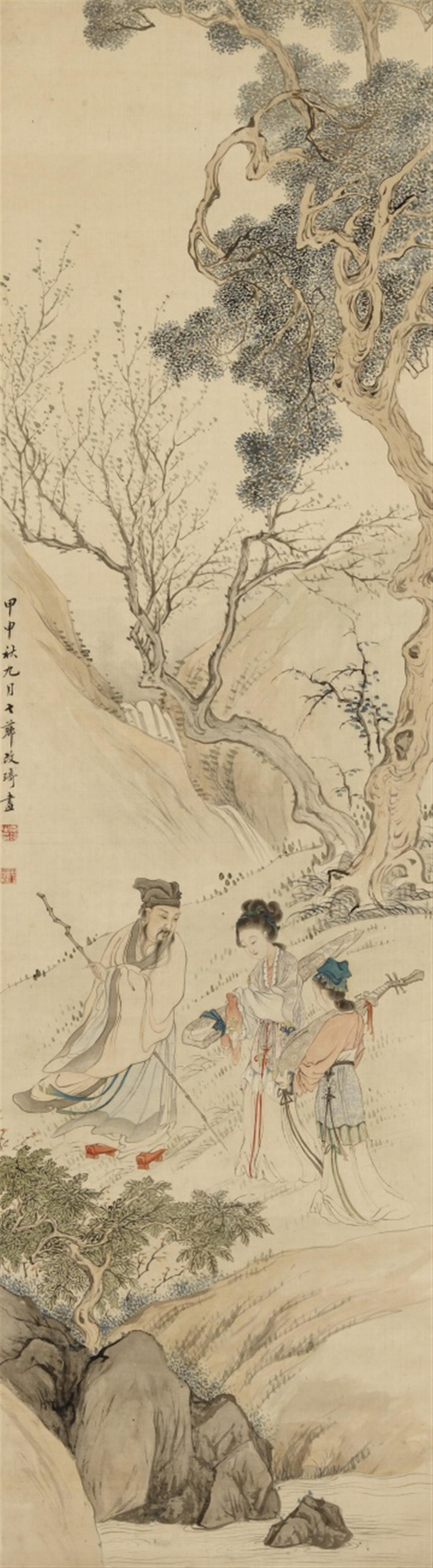 After Gai Qi - A scholar with two servants. Hanging scroll. Ink and colour on silk. Dated cyclically jiashen (1824), inscribed Gai Qi and sealed Chen Qi zhi yin and Qi Xian. - image-1