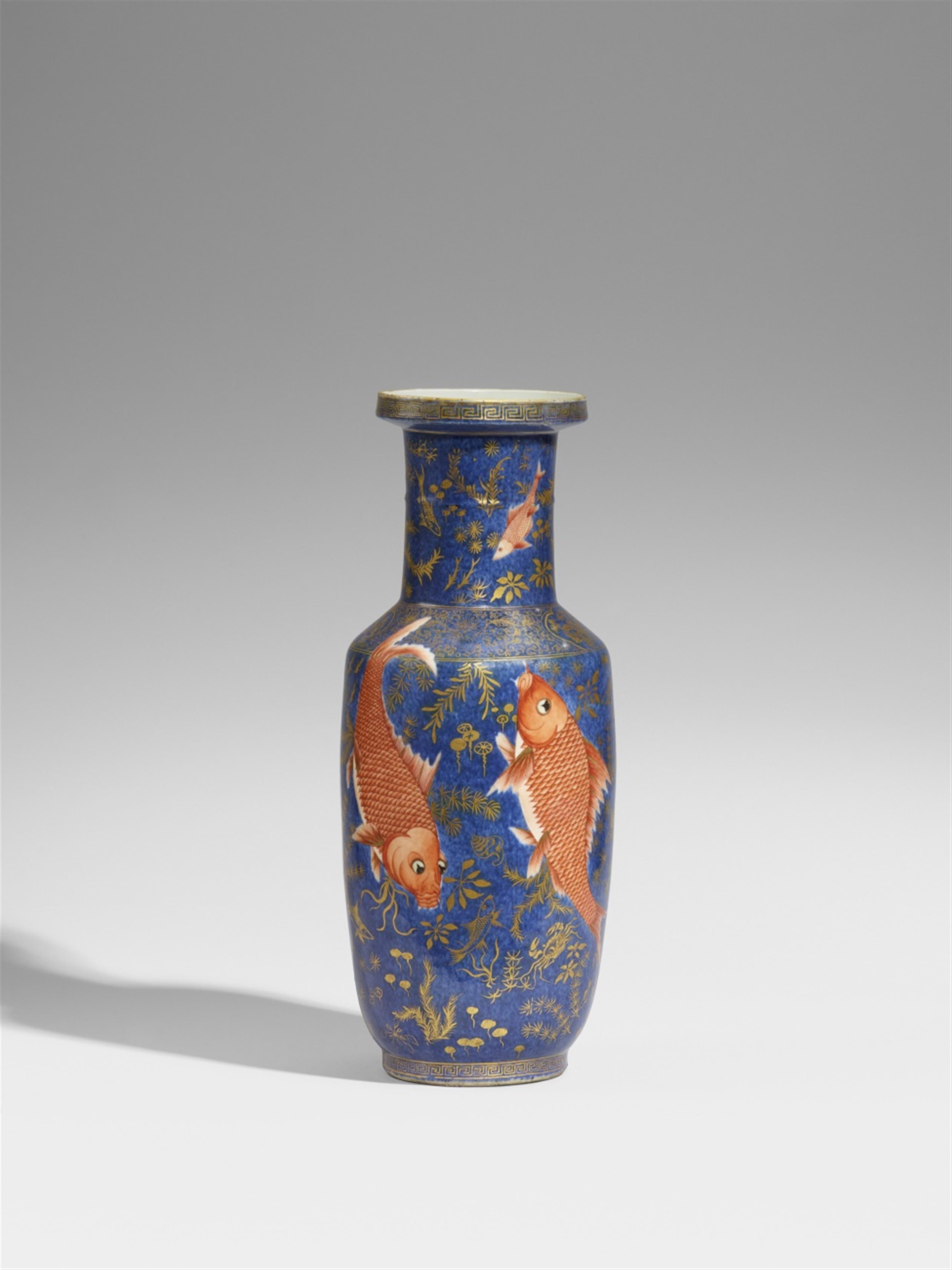 An iron-red and gilt decorated powder blue rouleau vase. 19th century - image-1