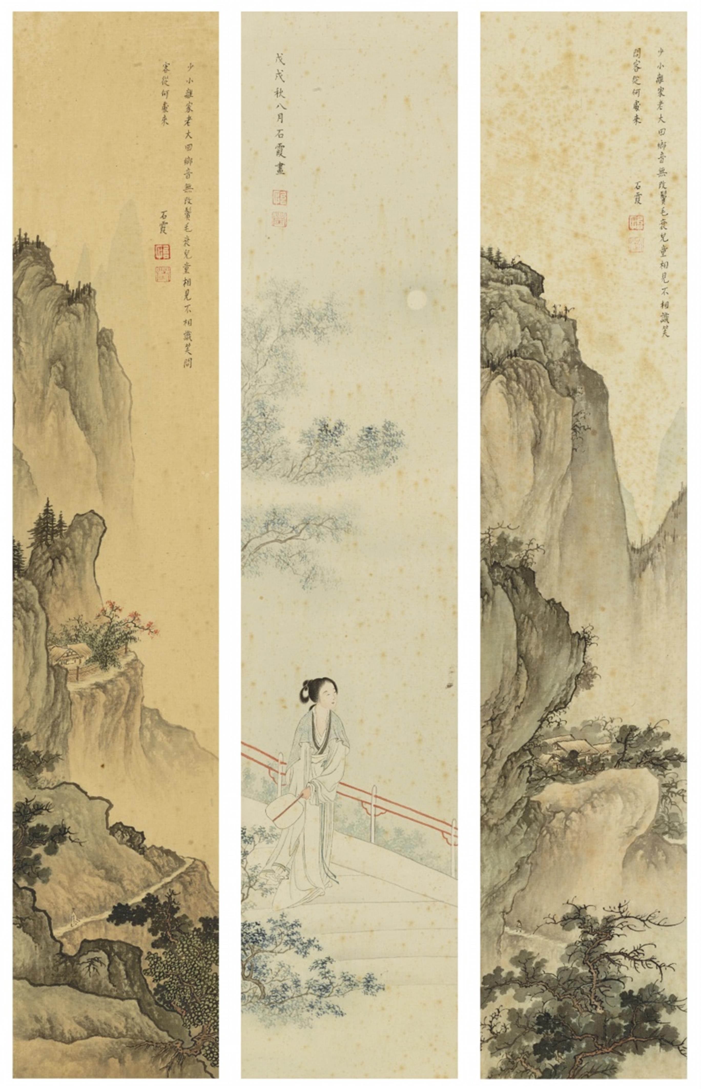 Tang Shixia - Three hanging scrolls. Ink and colour on silk. Signed Shixia and sealed Yi and Ying. a) Lady with a fan. b) and c) Landscape. (3) - image-1