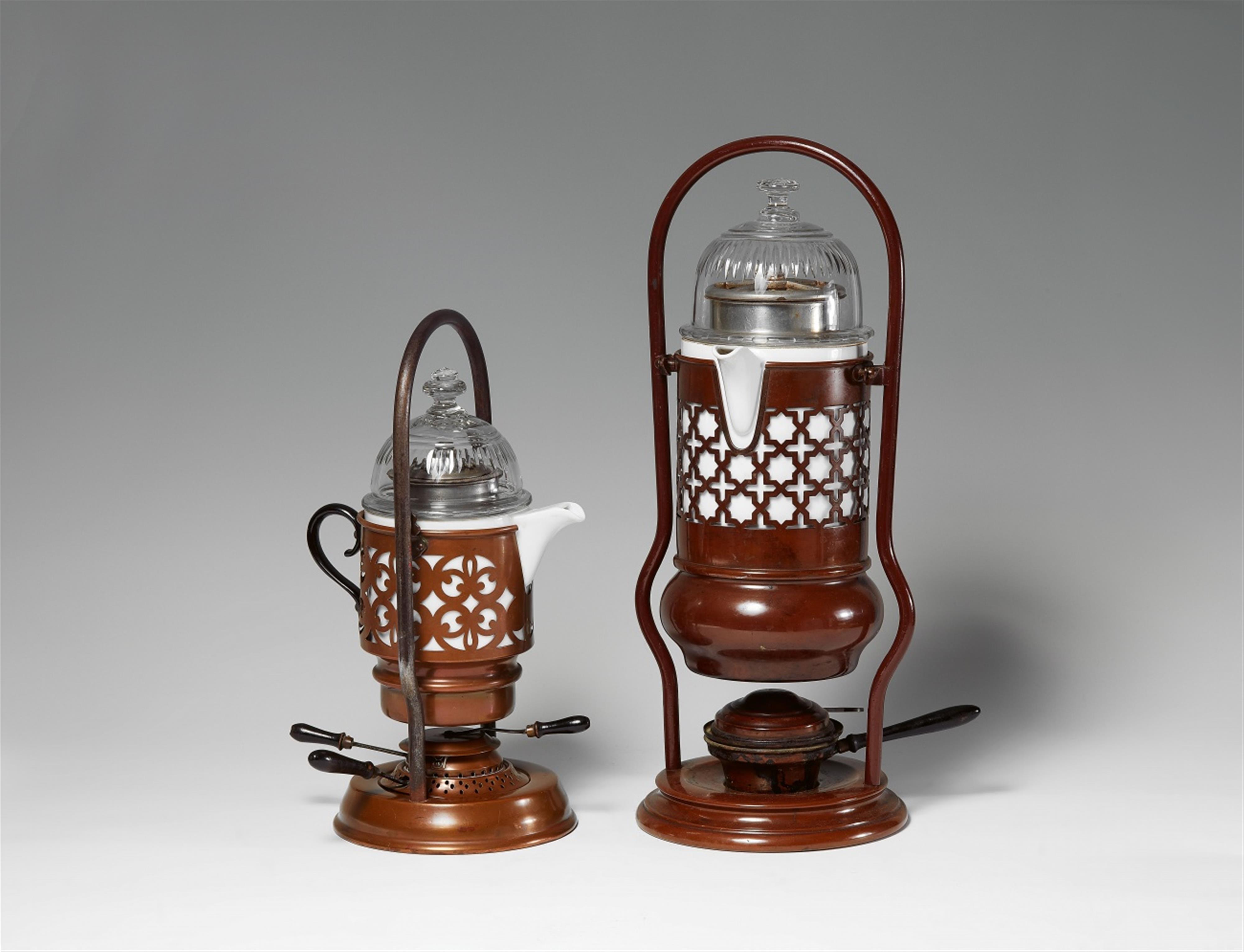 Two copper and white metal tilting coffee makers - image-1