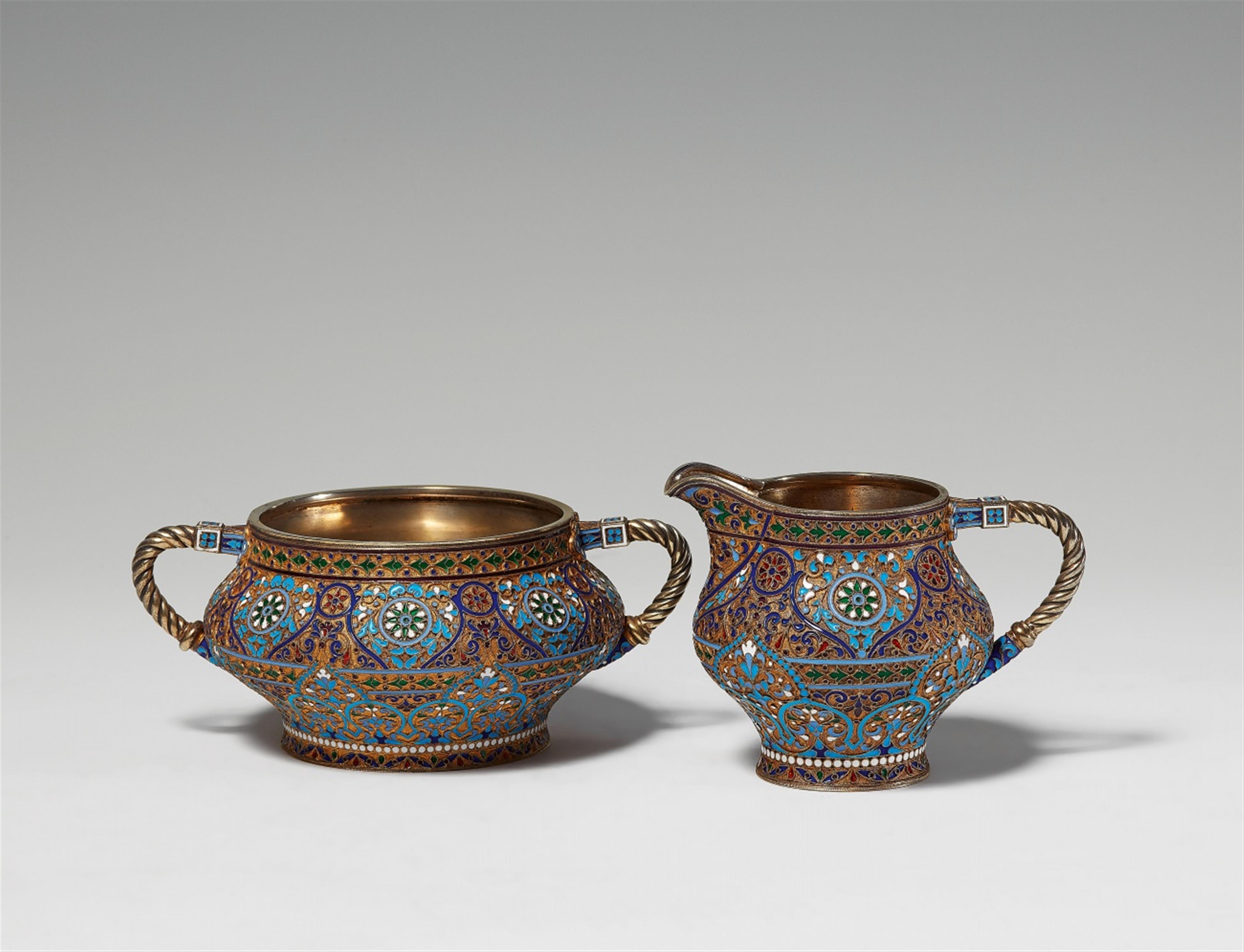 A Moscow enamelled silver cream and sugar set - image-1